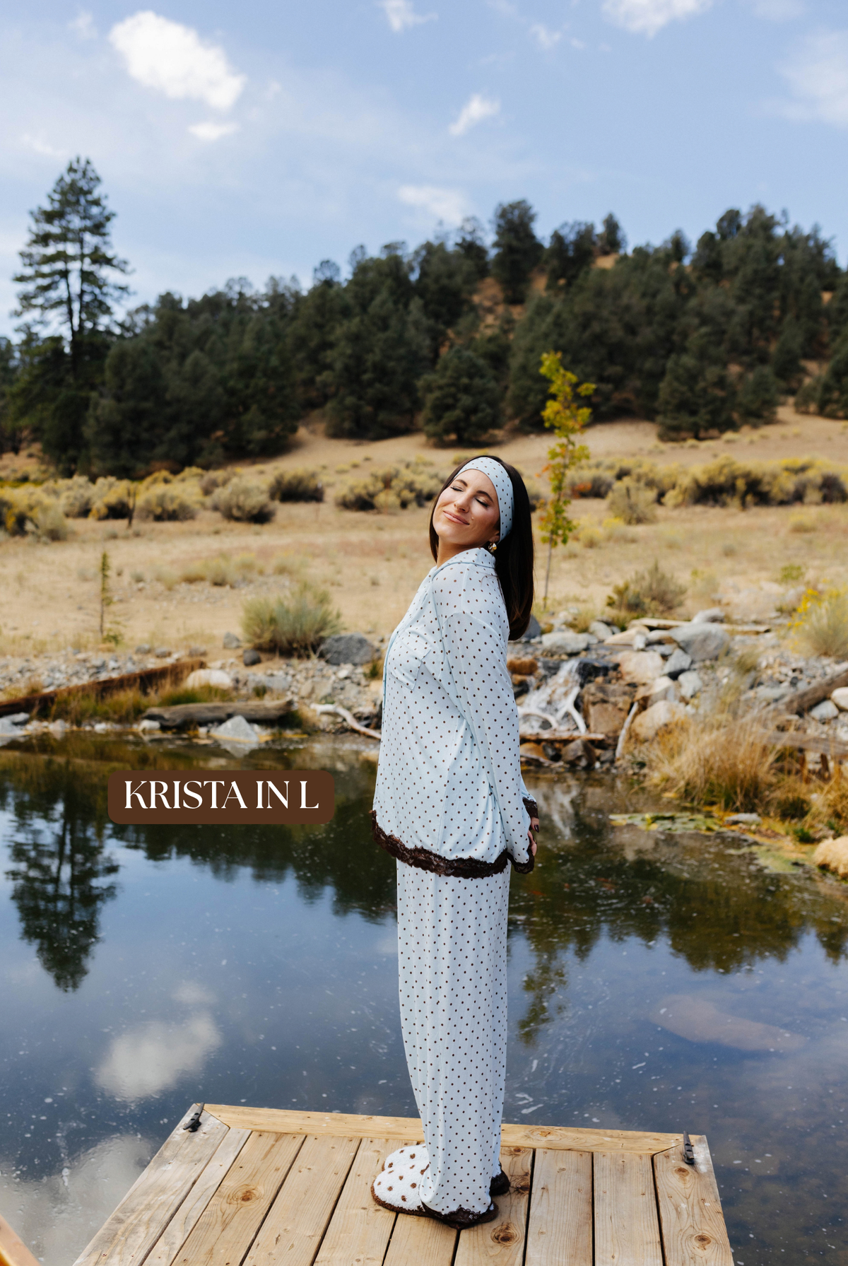 Sizing photo: Krista in L wearing blue with brown polka dots pajama set.