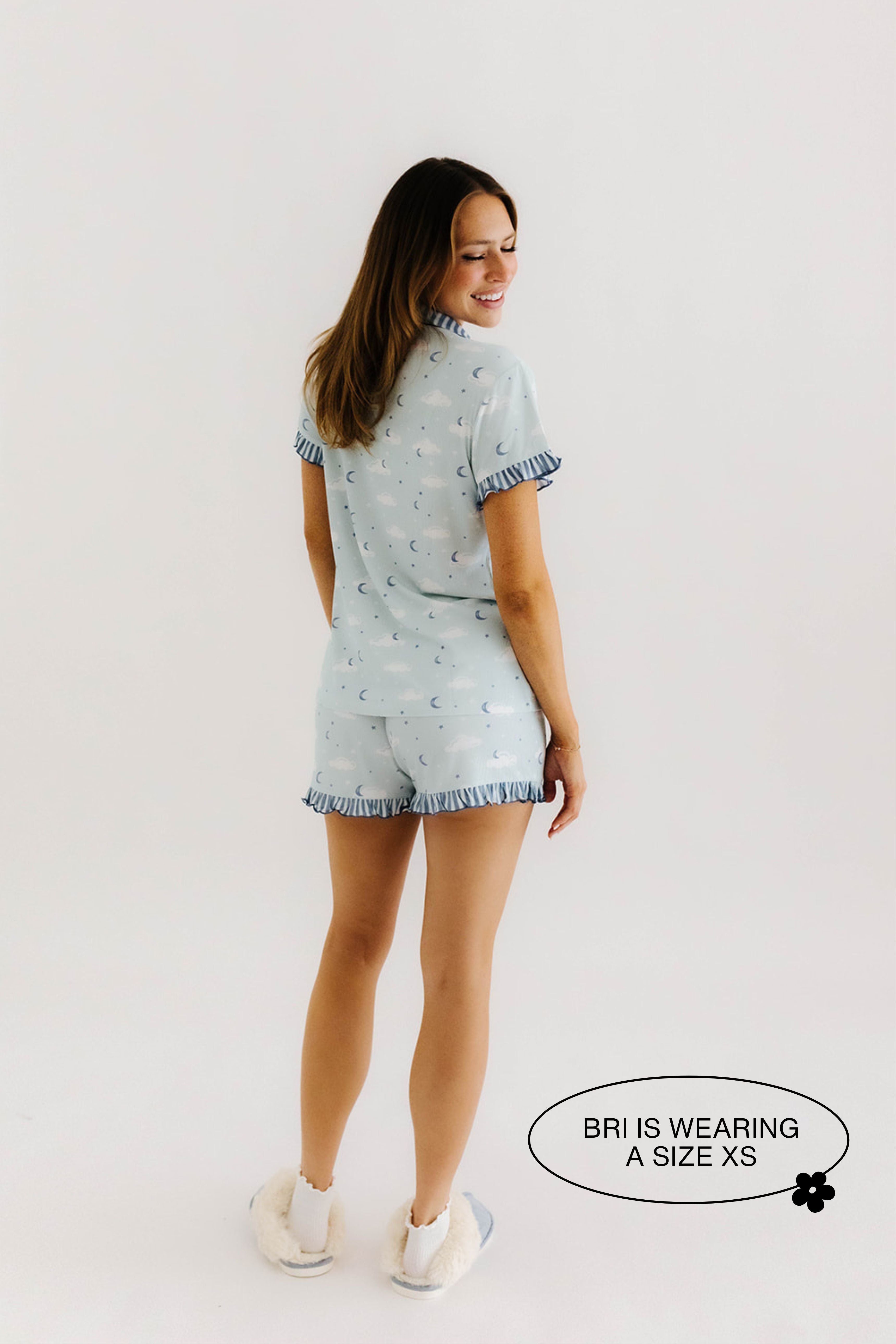 model bri wearing the size xtra small in the cloud ruffle pajamas