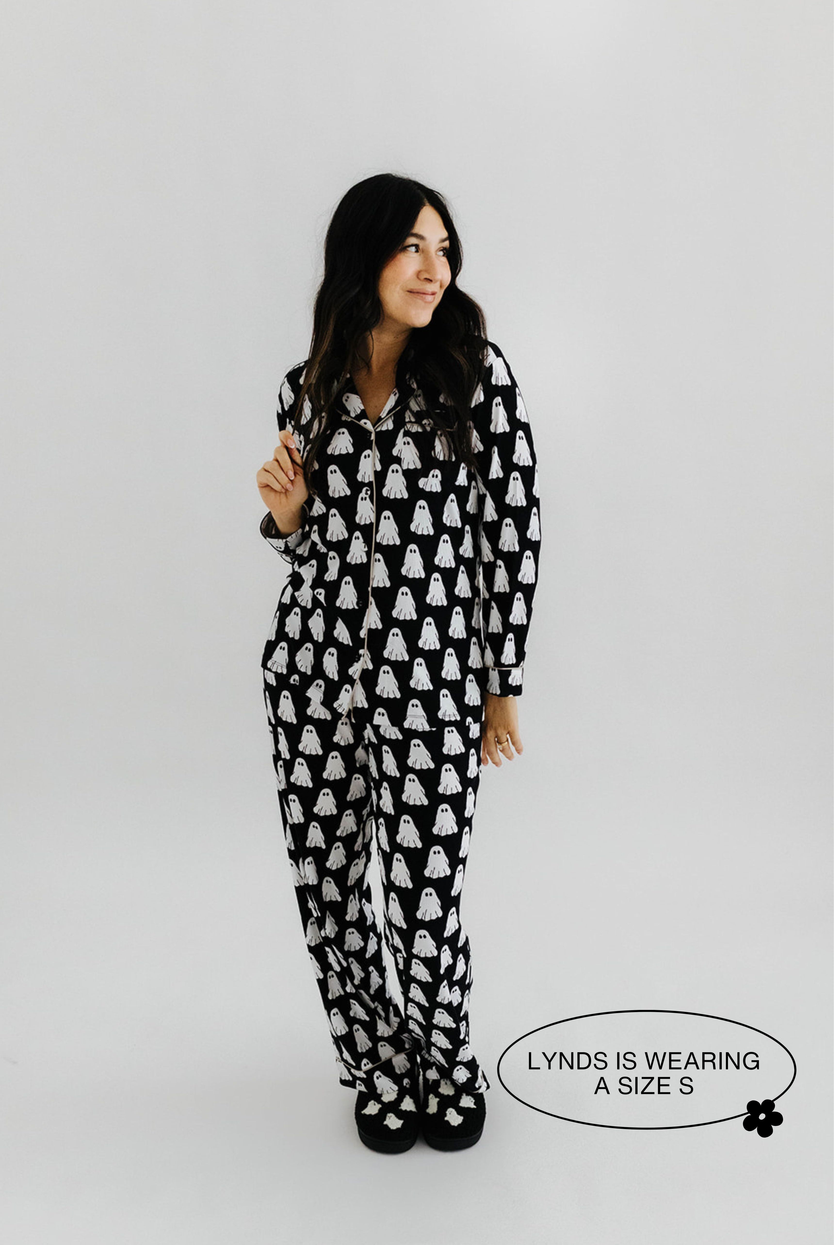 model lyndsee wearing a size small in the ghost pajamas