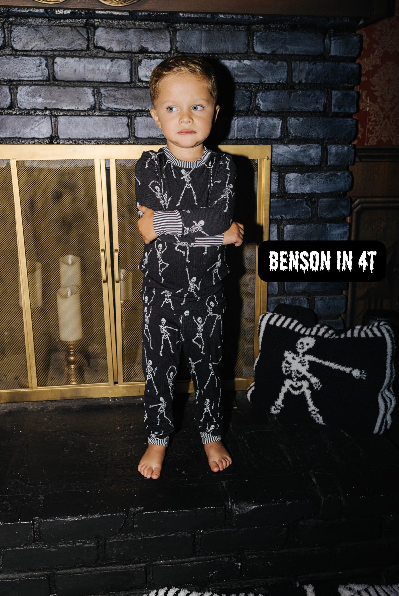 Benson wearing size 4T in the Kid Skelly Ribbed Pajama Set