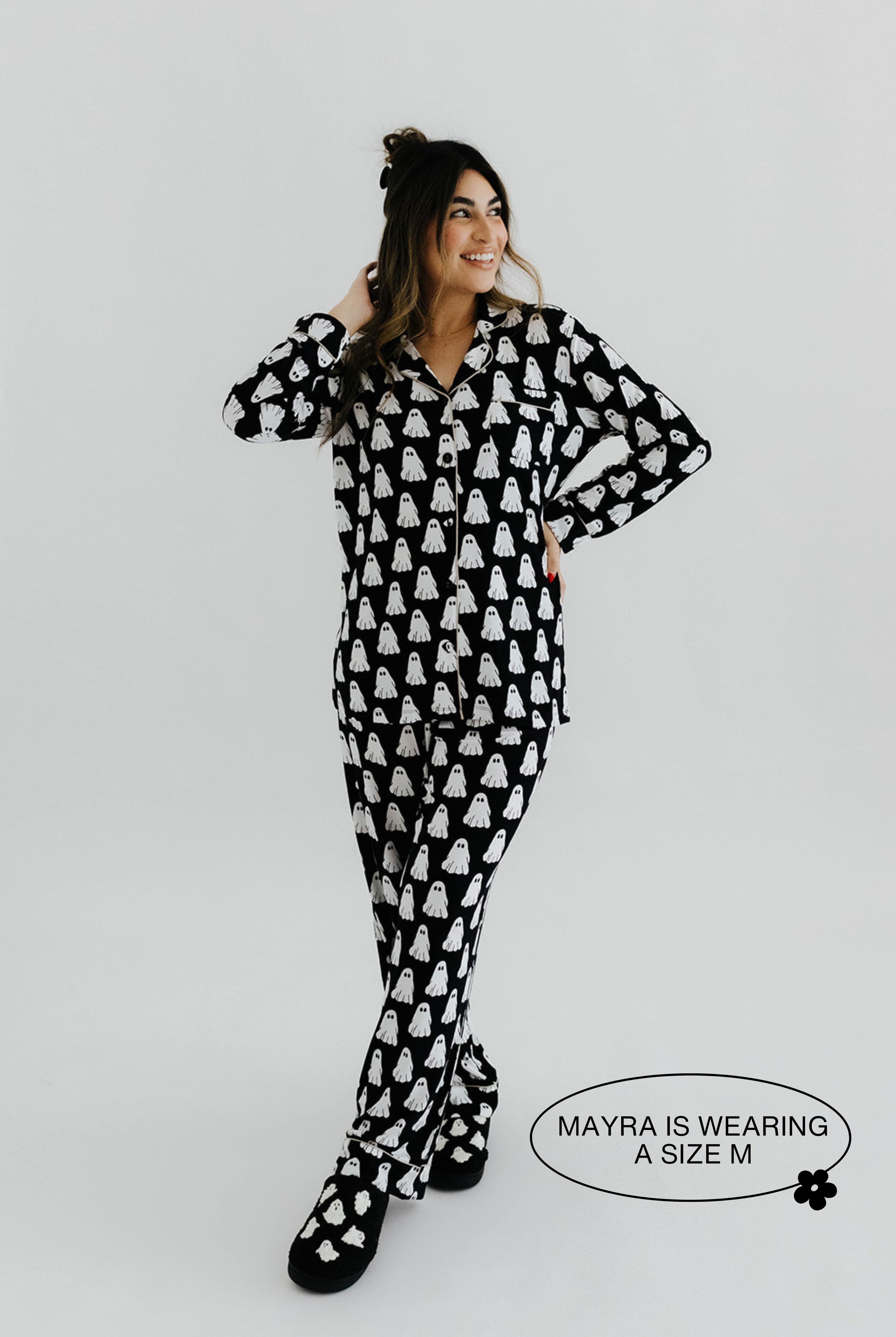 model mayra showing the size medium in the ghost pajamas