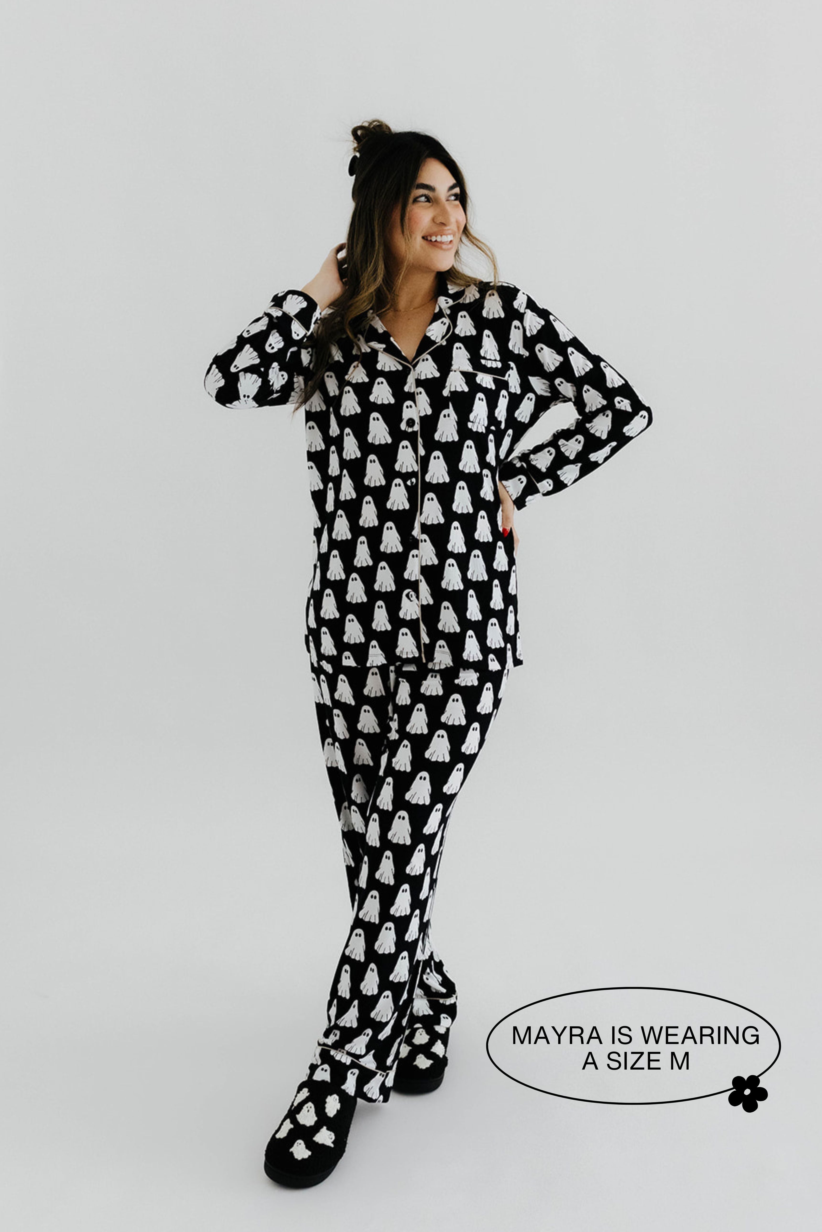 model mayra showing the size medium in the ghost pajamas