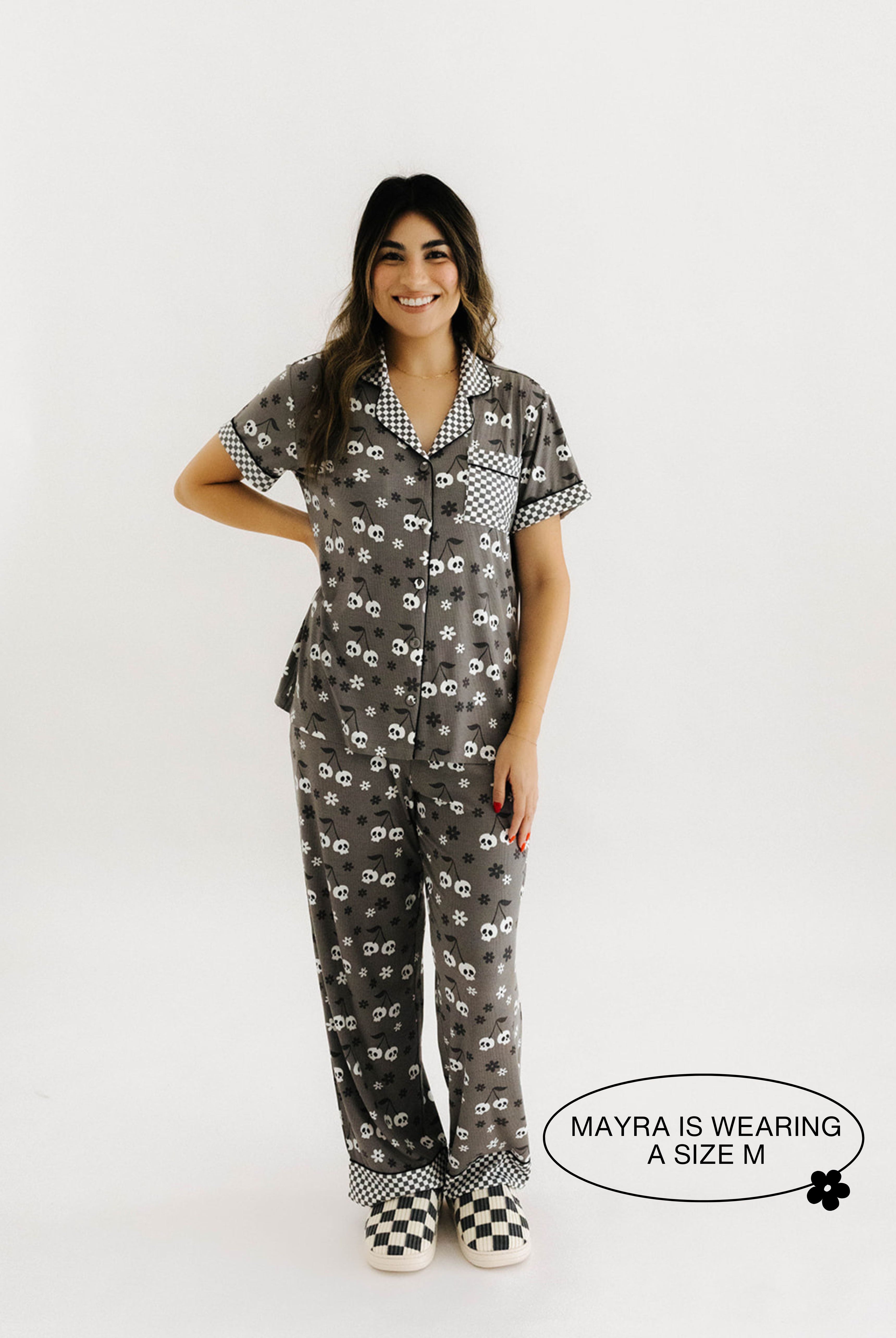 model mayra wearing a size medium in the skeleton pajamas