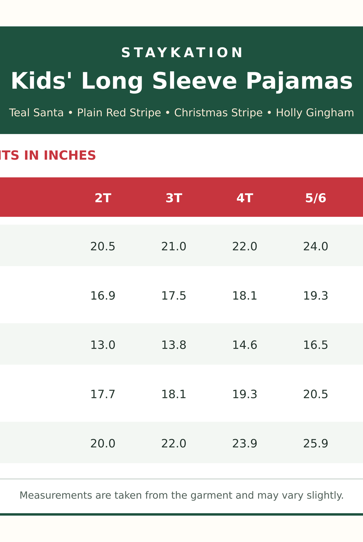 kids size chart for long sleeve christmas pajamas