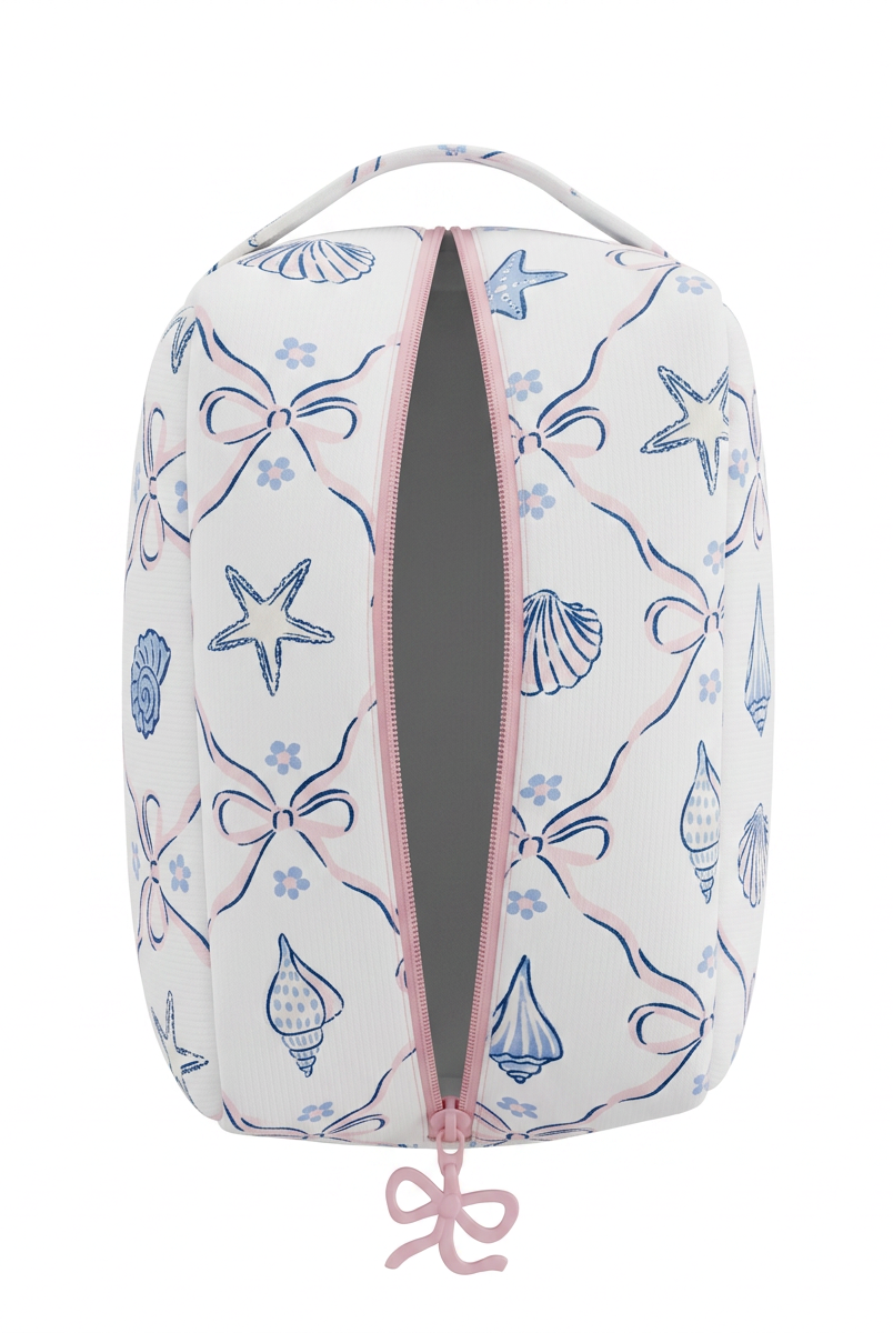 Cosmetic bag with starfish and bow pattern on a white background