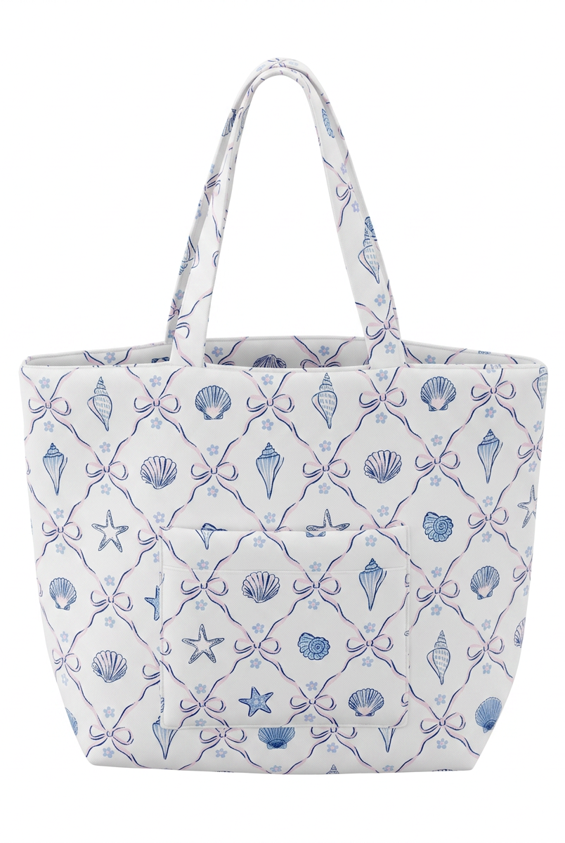 Tote bag with blue sea-themed pattern on a white background