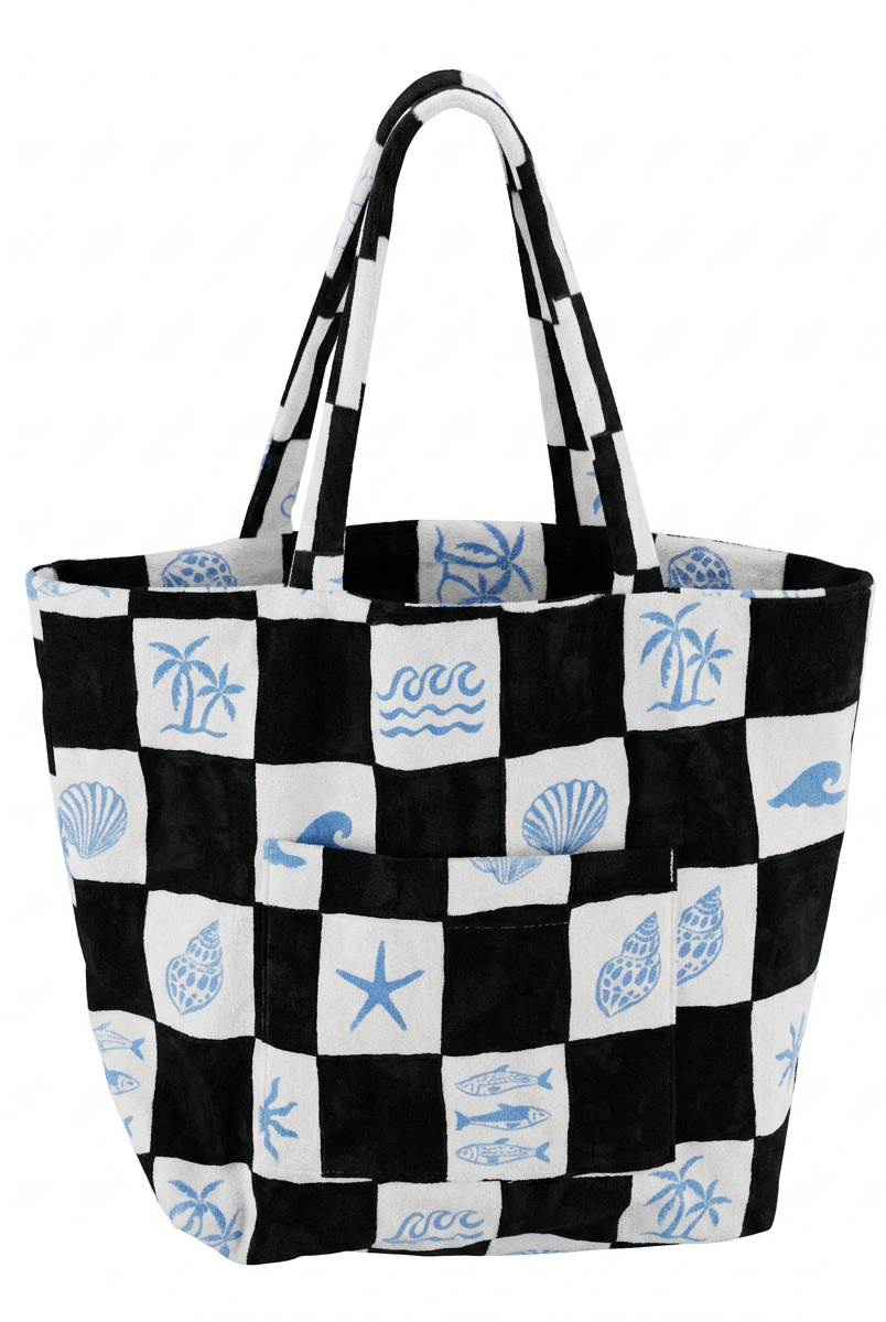 shell tote bag terry cloth material with different shell and beach icons on it