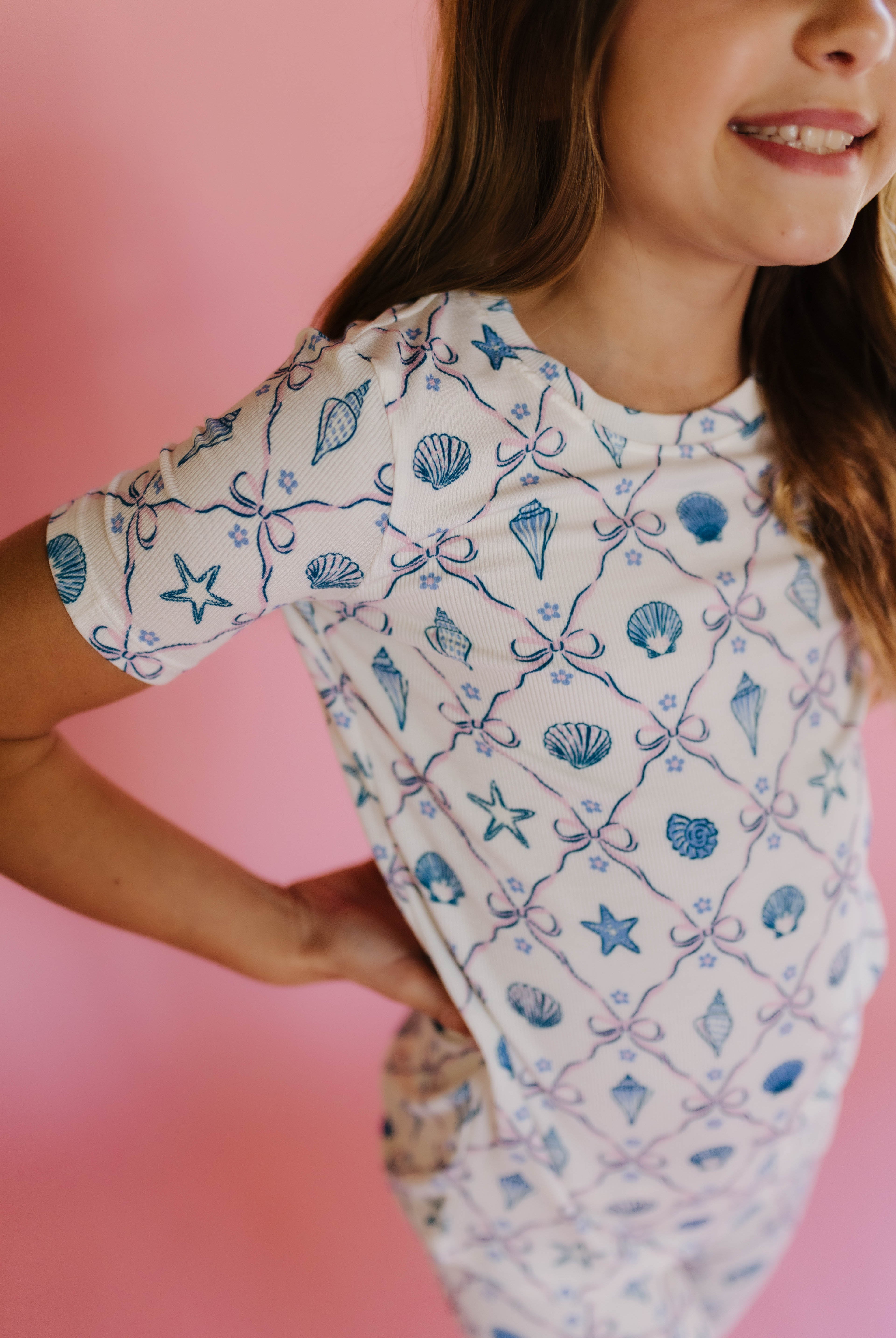 close up details of the bow and shell print