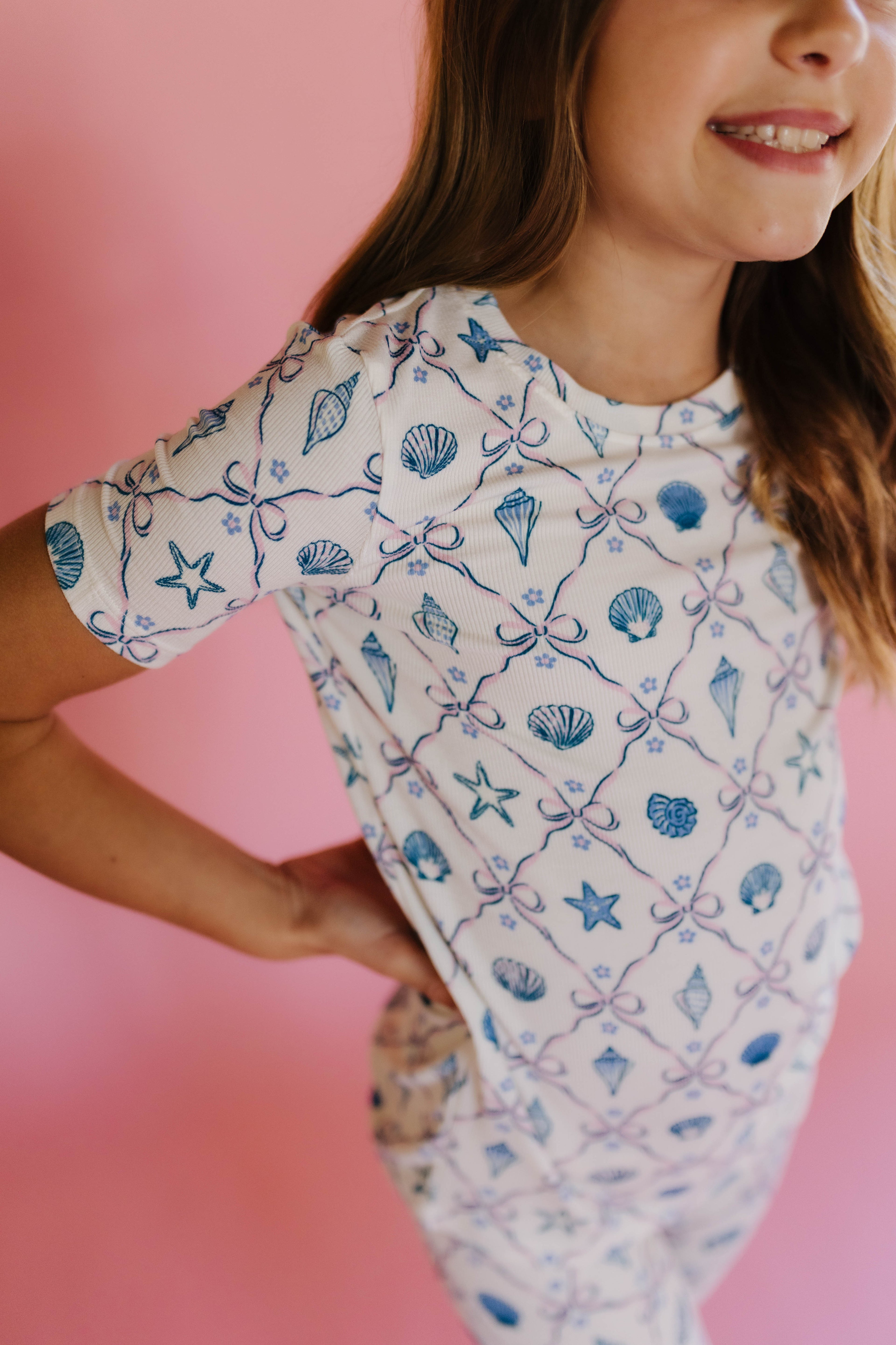 close up details of the bow and shell print