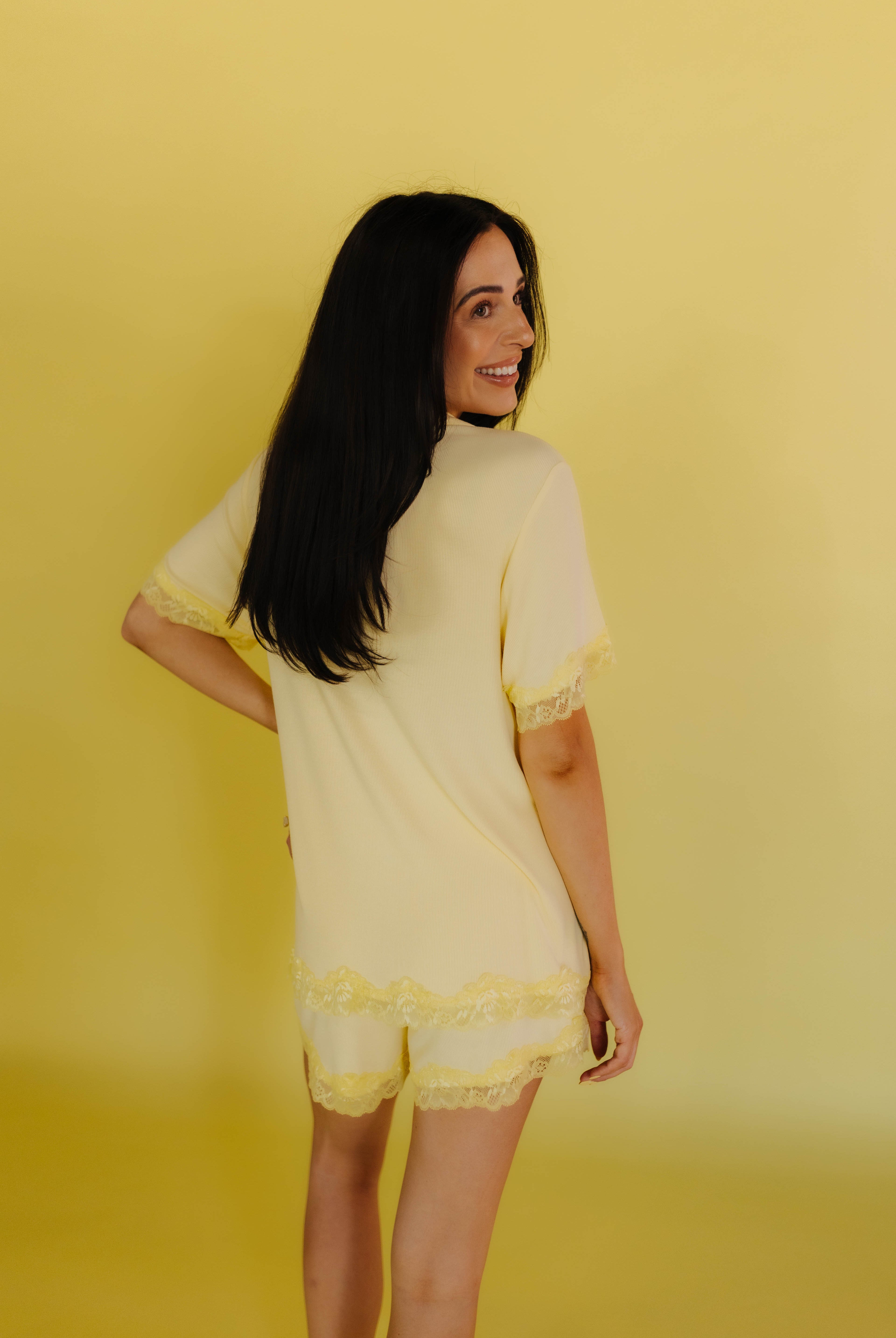Sam modeling the size M showing the back side of the pjs