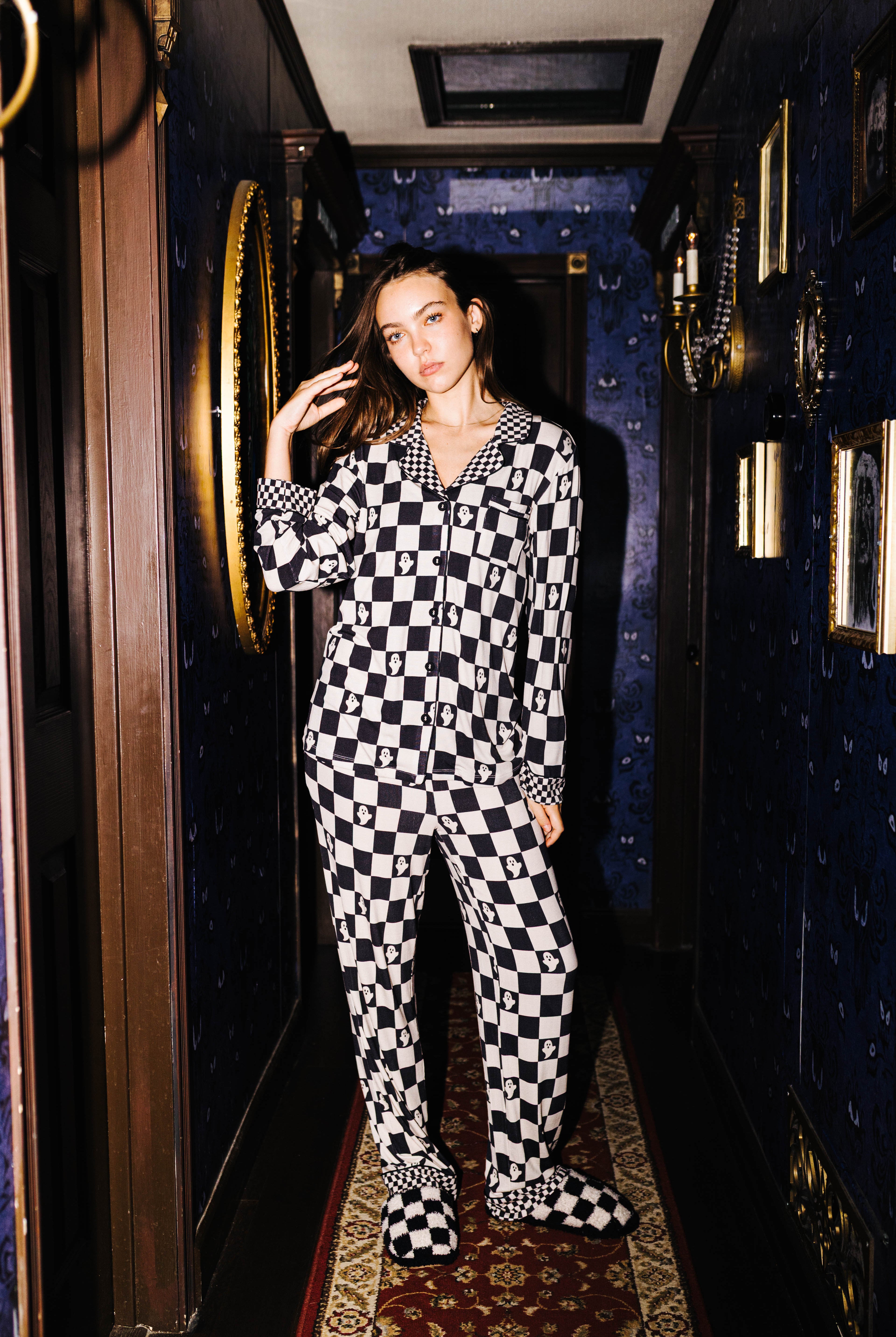 Adult Ghost Check Ribbed Pajama Set (Pockets) shown in a full length lifestyle view