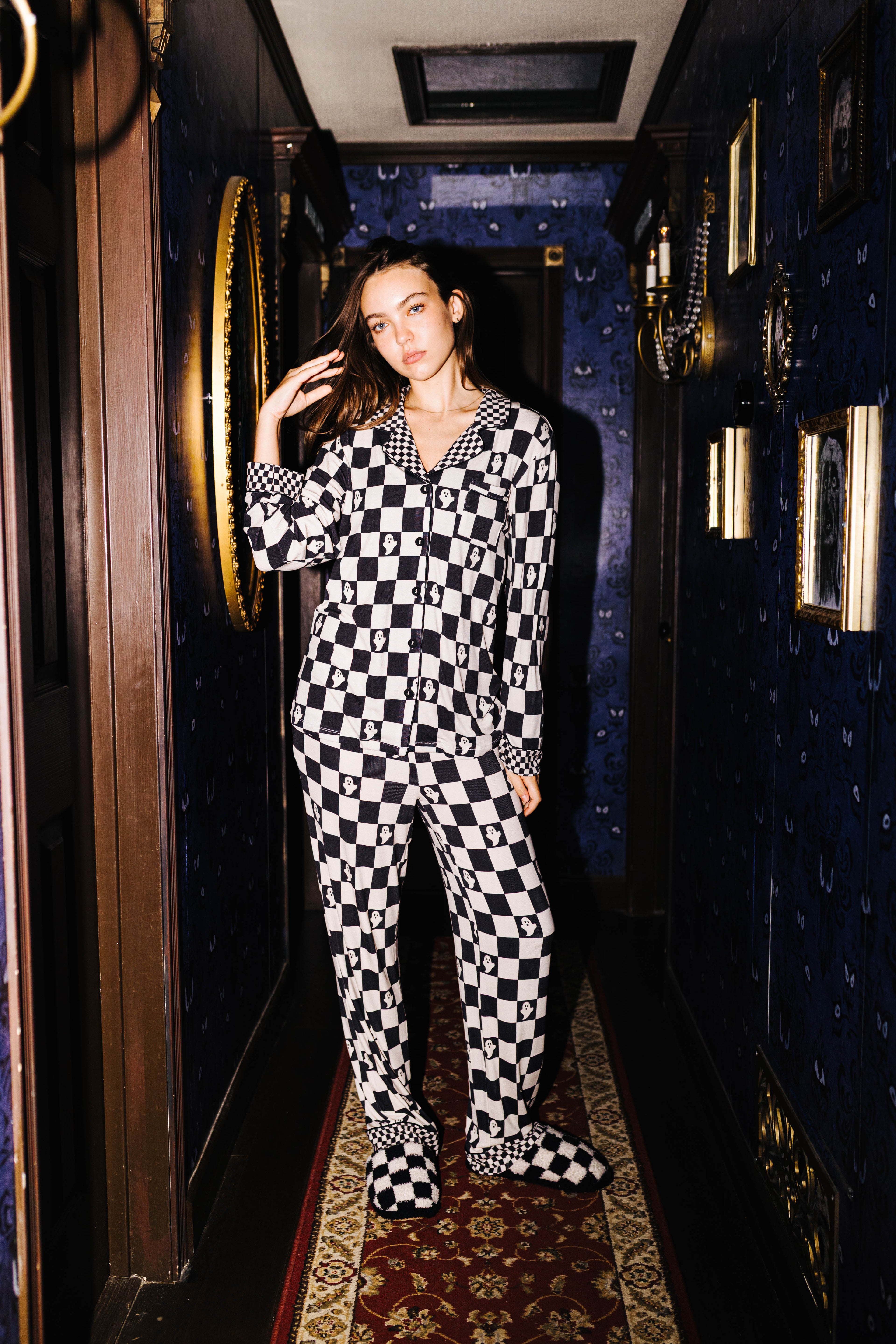 Adult Ghost Check Ribbed Pajama Set (Pockets) shown in a full length lifestyle view
