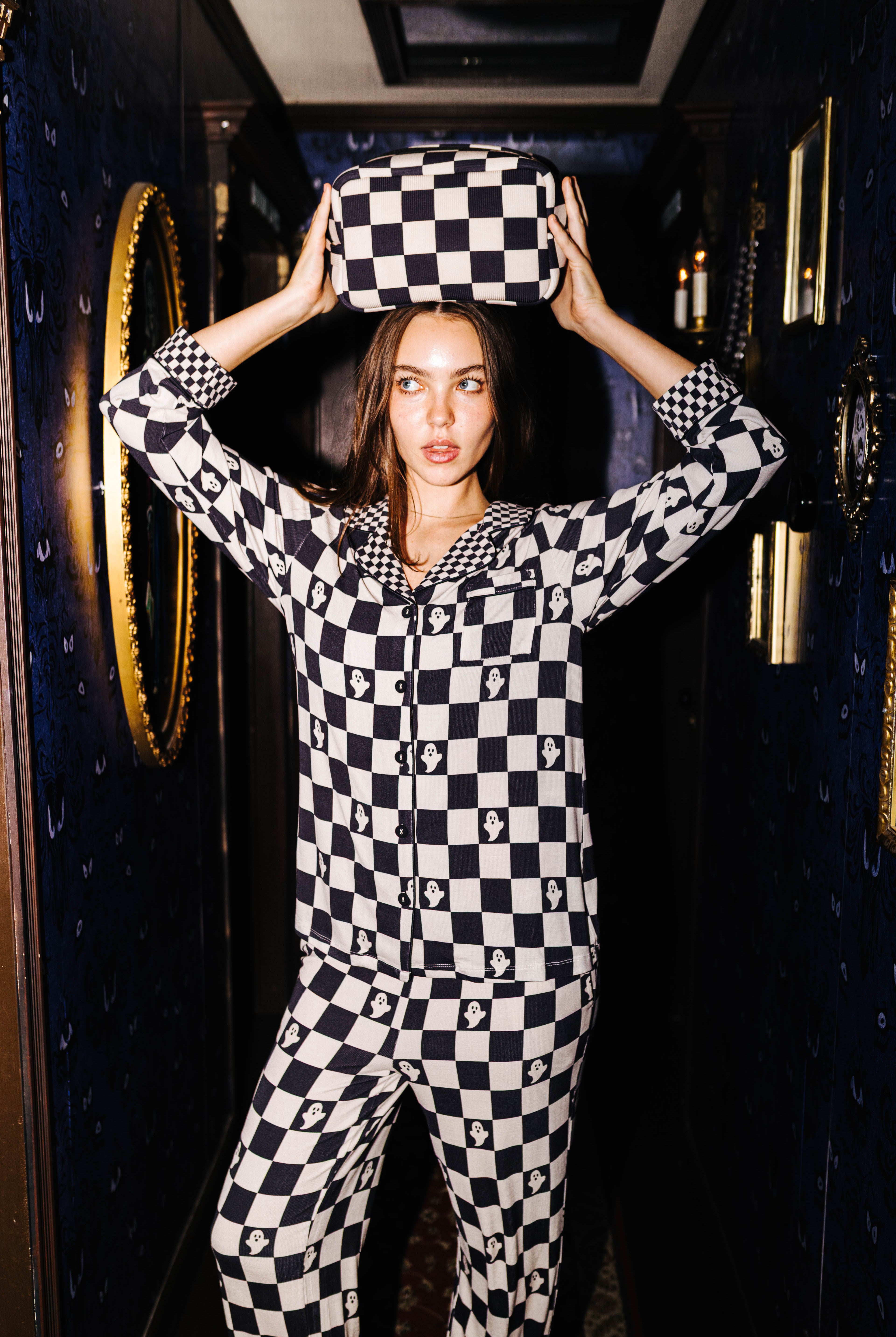 Adult Ghost Check Ribbed Pajama Set (Pockets) shown from an alternate angle