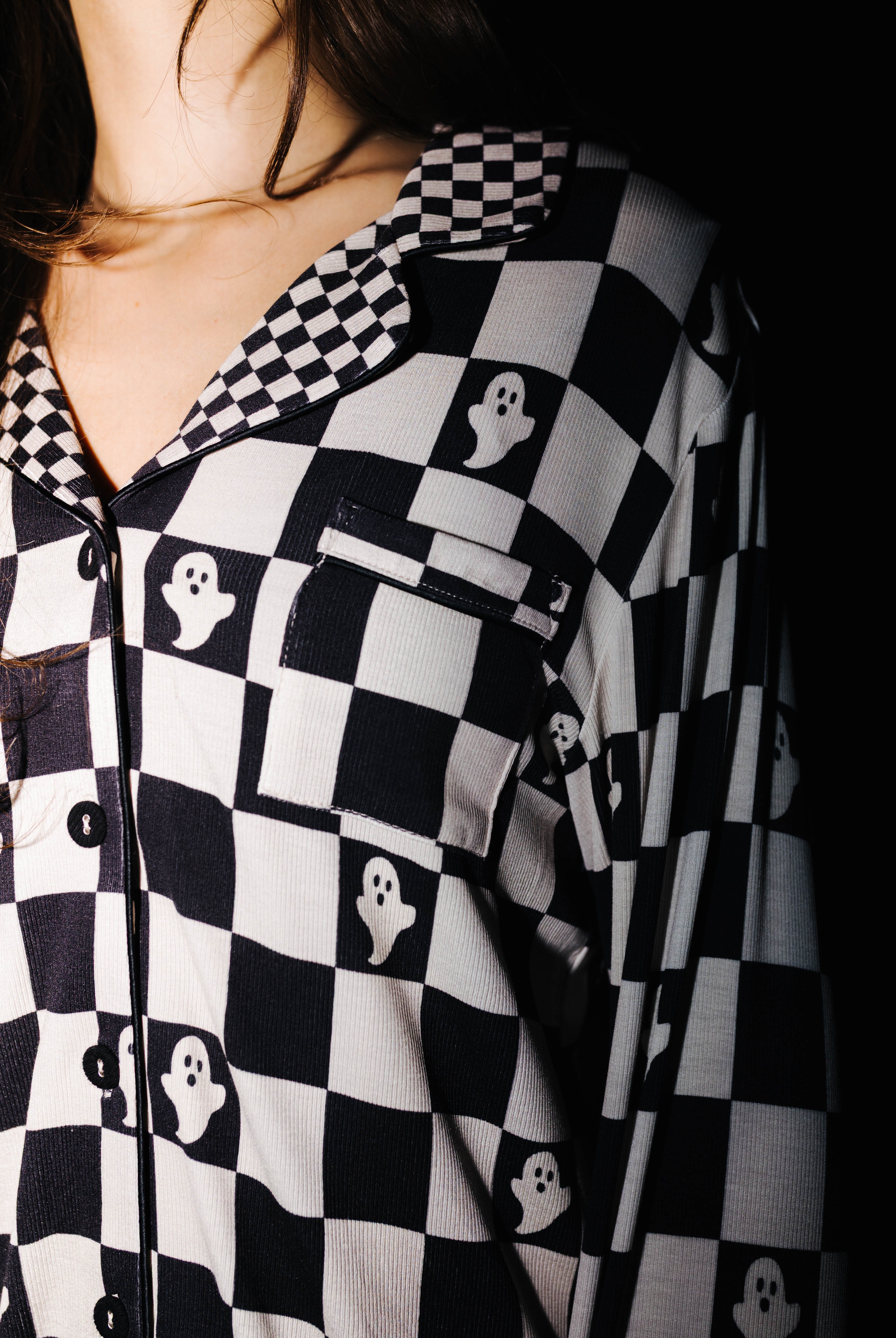 Close view of the collar and pocket on Ghost Check pajamas