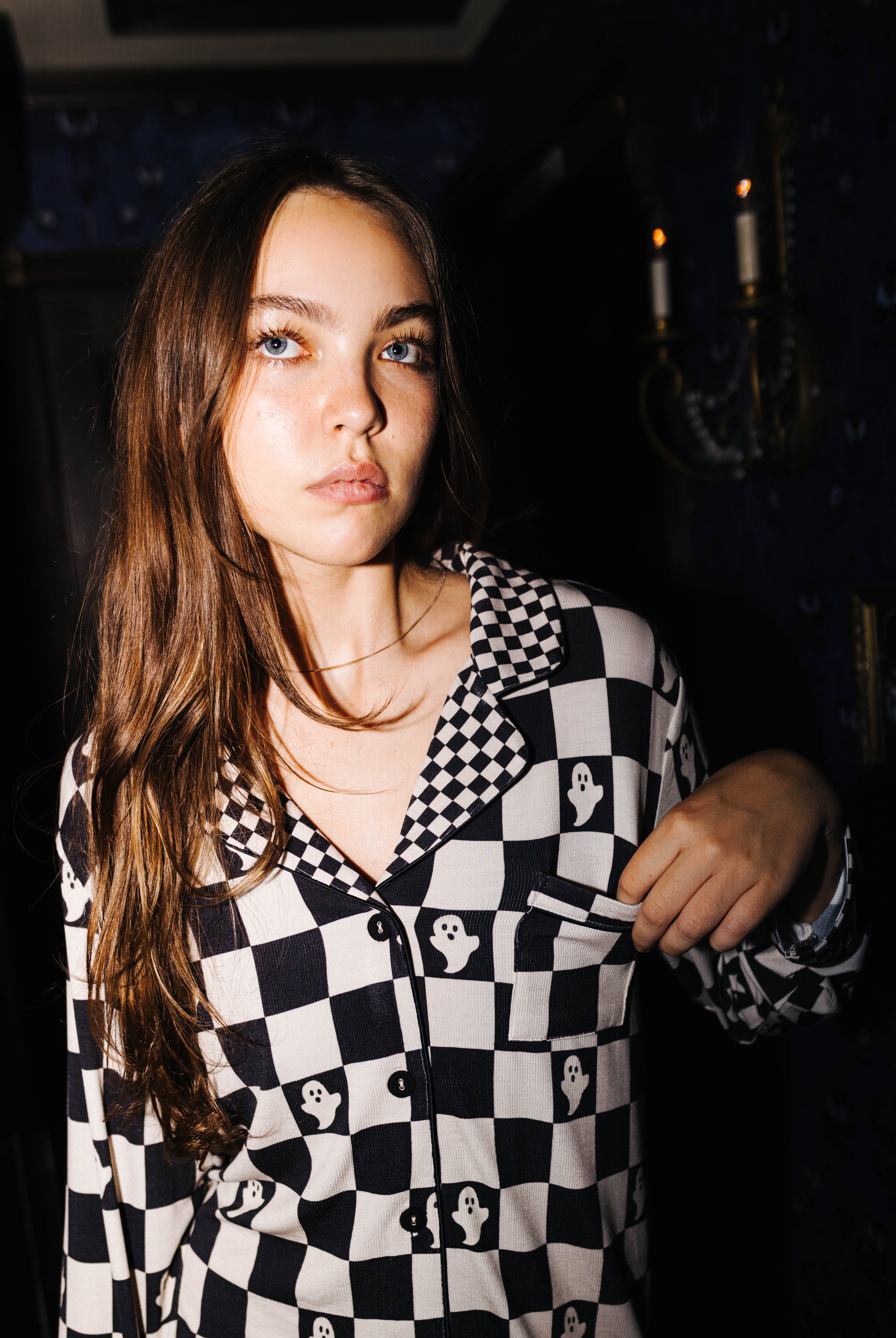 Adult Ghost Check Ribbed Pajama Set (Pockets) styled in the Halloween campaign setting