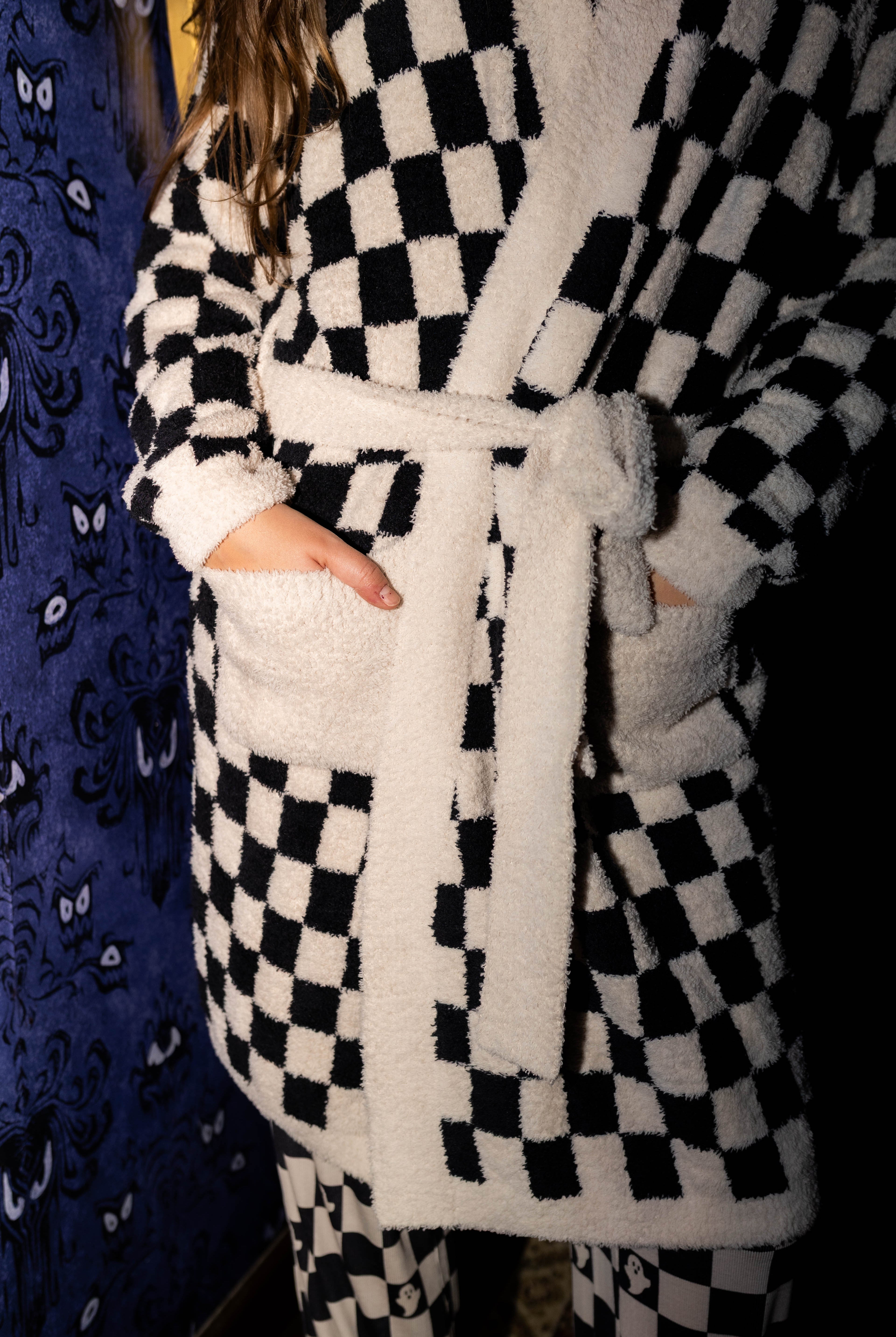 Sand & Black Check Fluffy Robe shown in a closer detail view