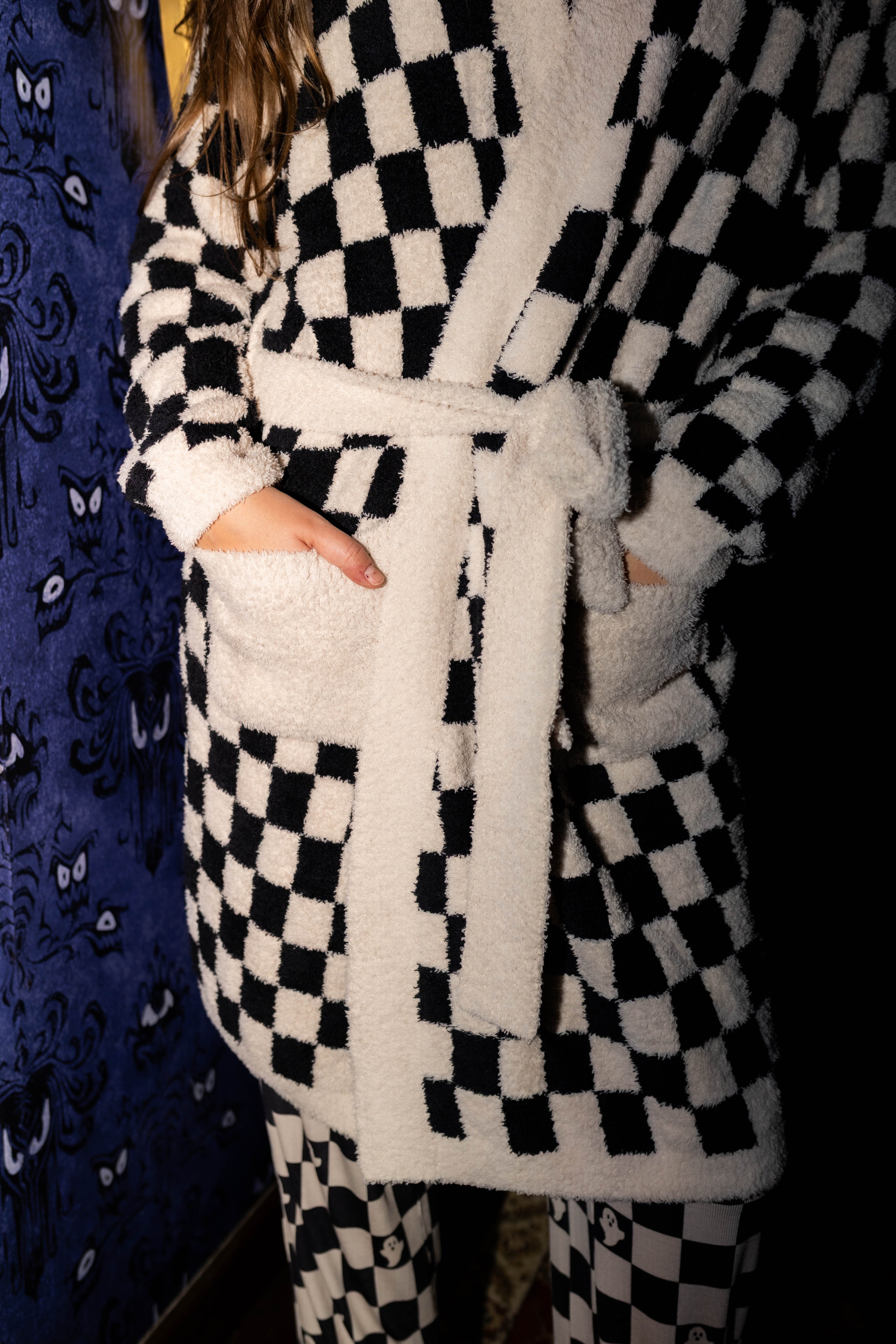 Sand & Black Check Fluffy Robe shown in a closer detail view