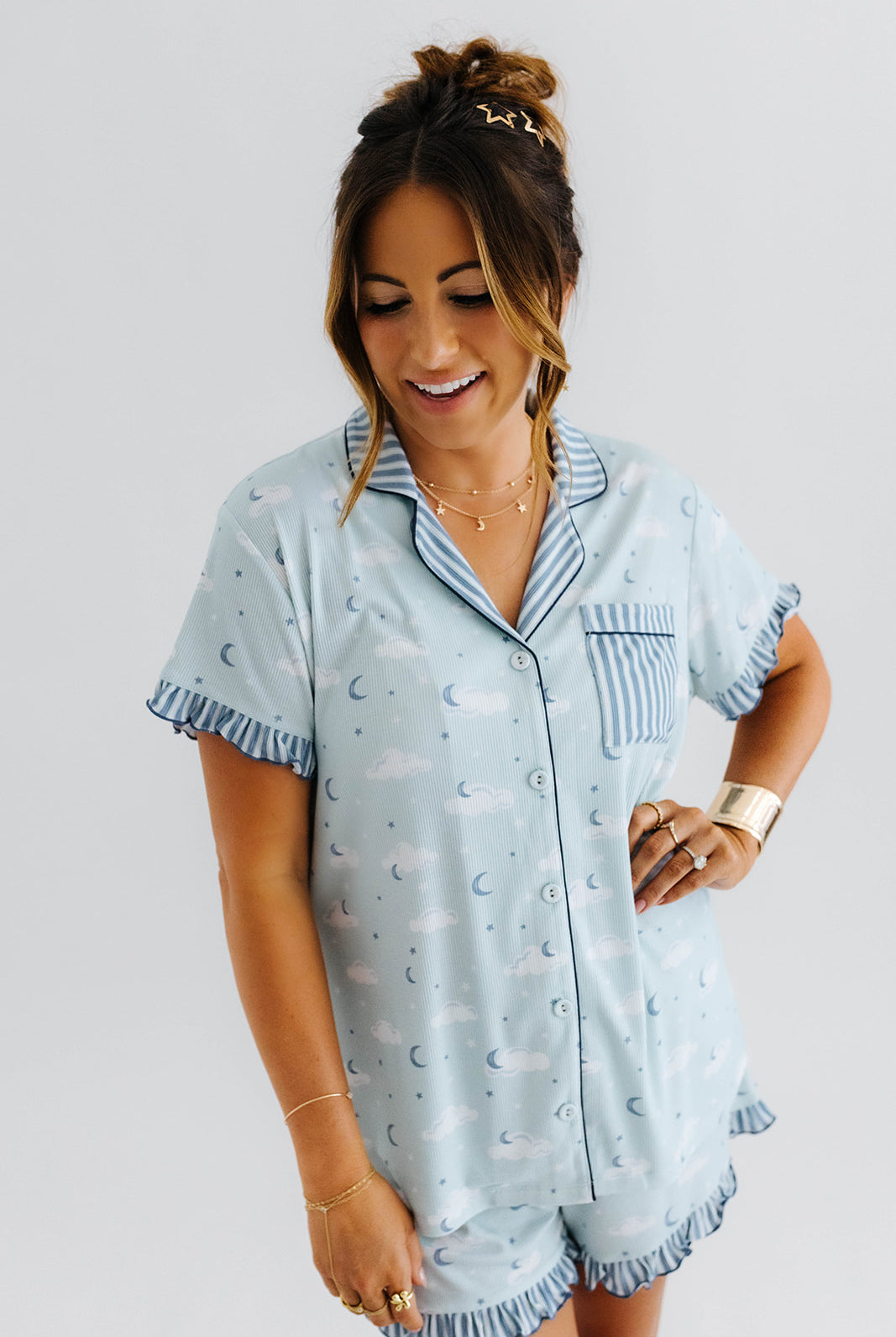 model krista wearing the size large in the cloud ruffle pajamas