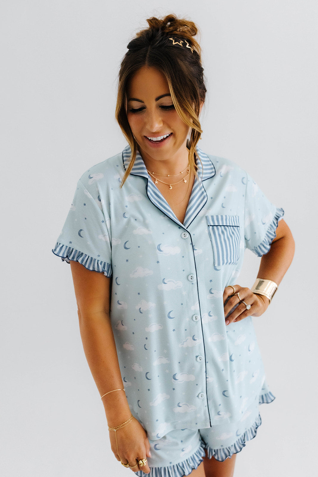 model krista wearing the size large in the cloud ruffle pajamas