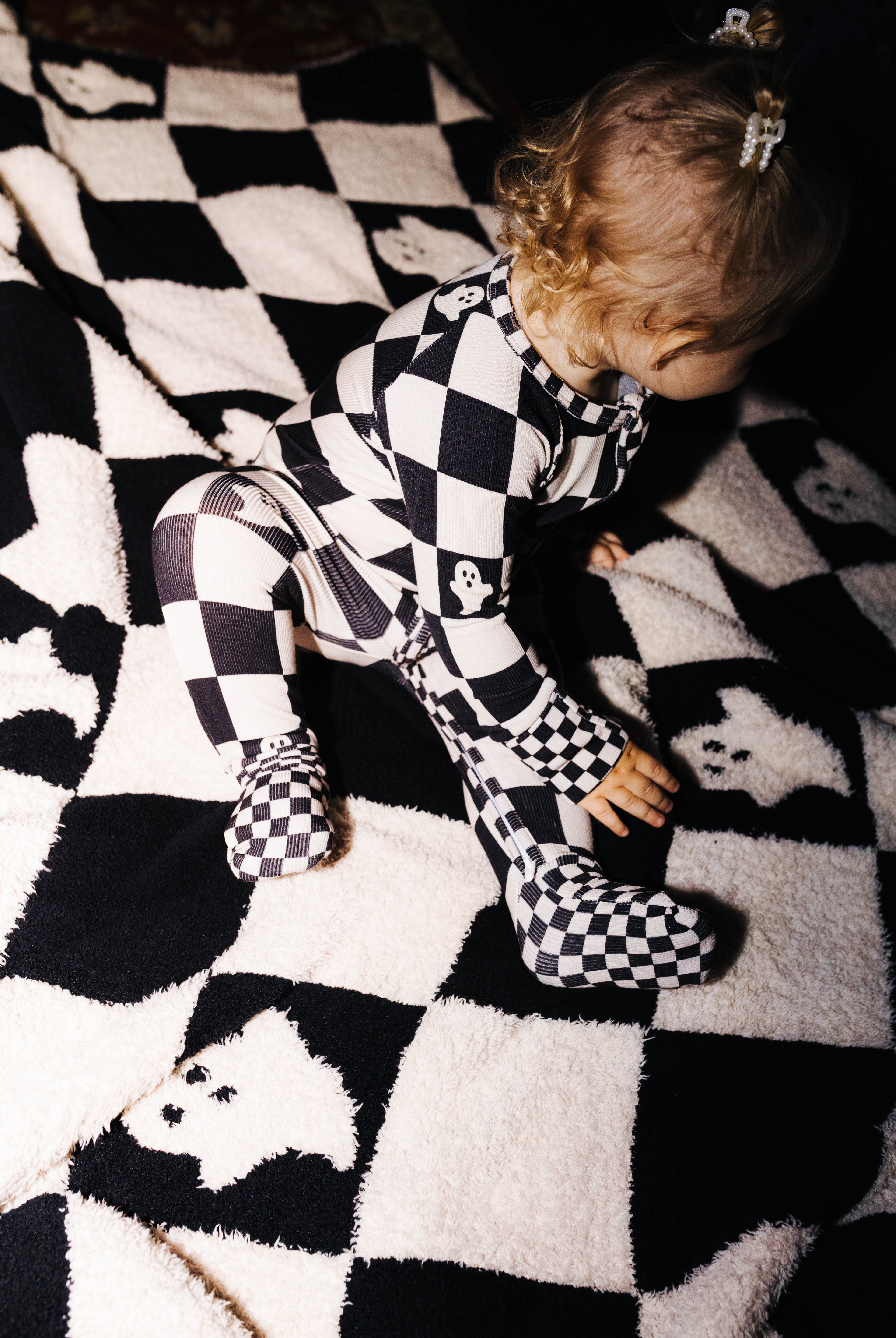 Baby Ghost Check Ribbed Zip Pajamas shown from an alternate angle