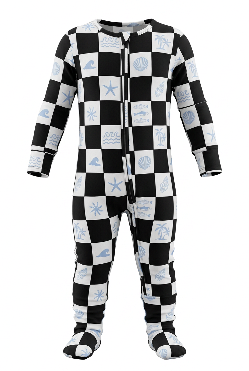 Black and white checkered onesie with blue patterns on a white background