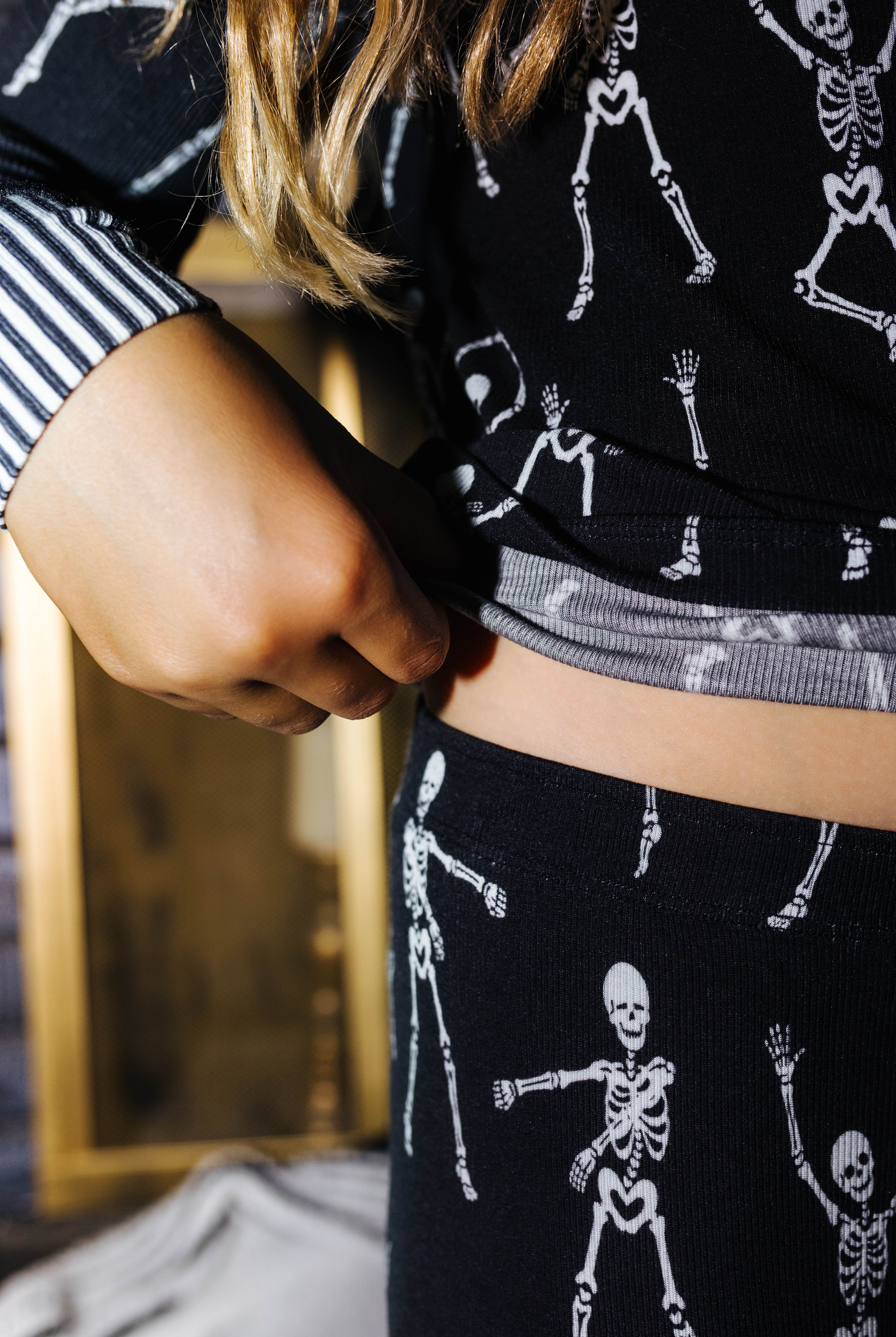 Waistband detail on kids Skelly pajama pants