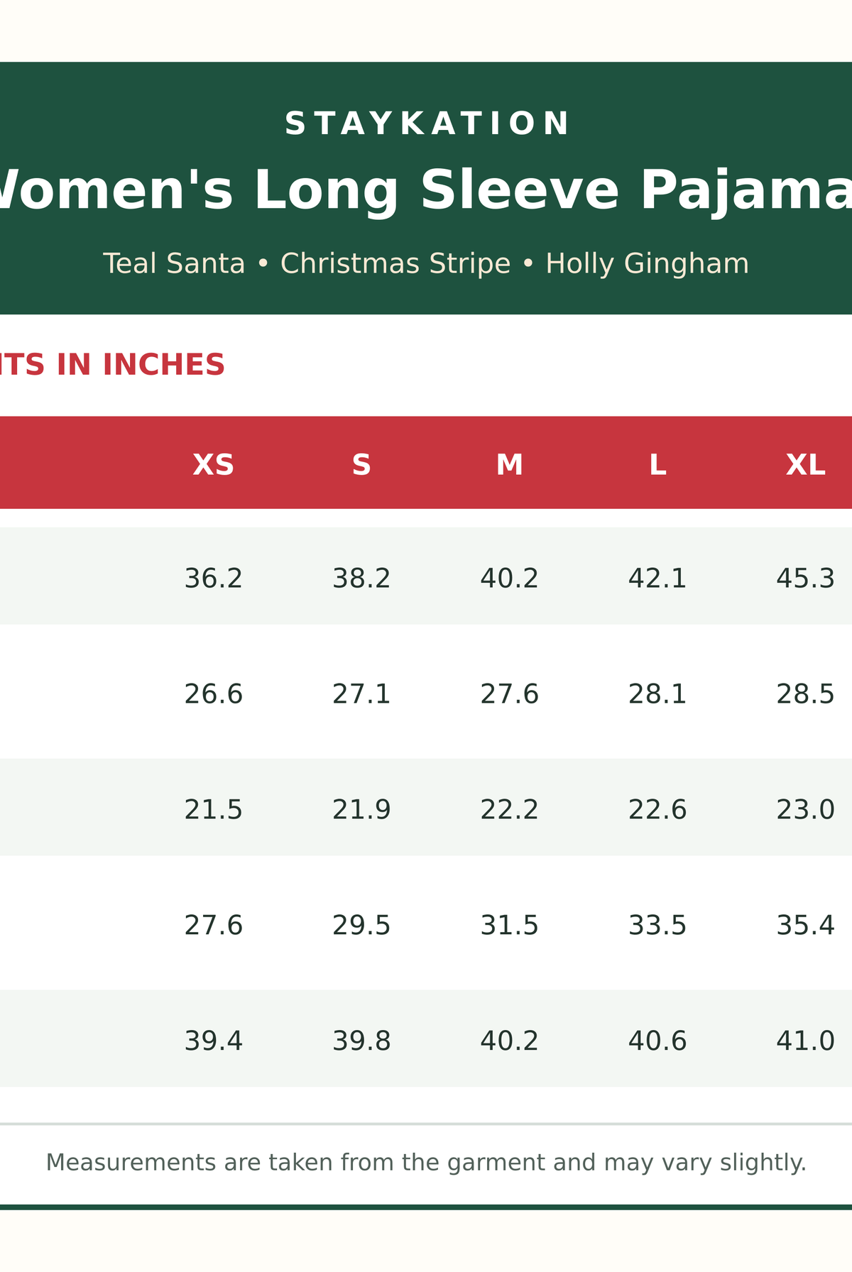 Women's size chart for long sleeve pajamas