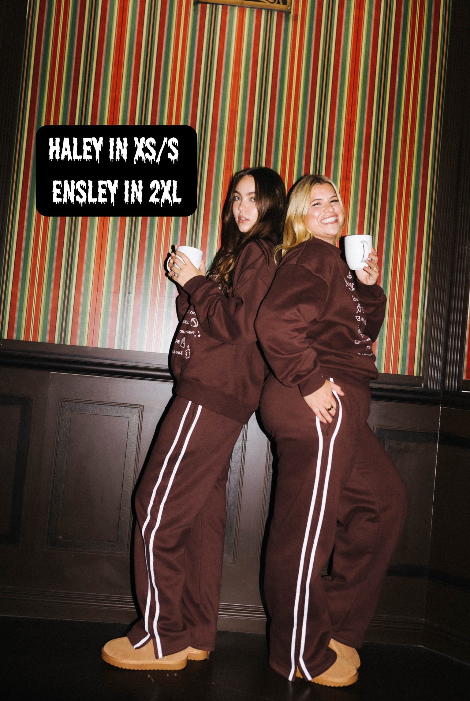 Haley wearing XS/S and Ensley wearing XL/XXL in the Fall Bucket List Sweatshirt