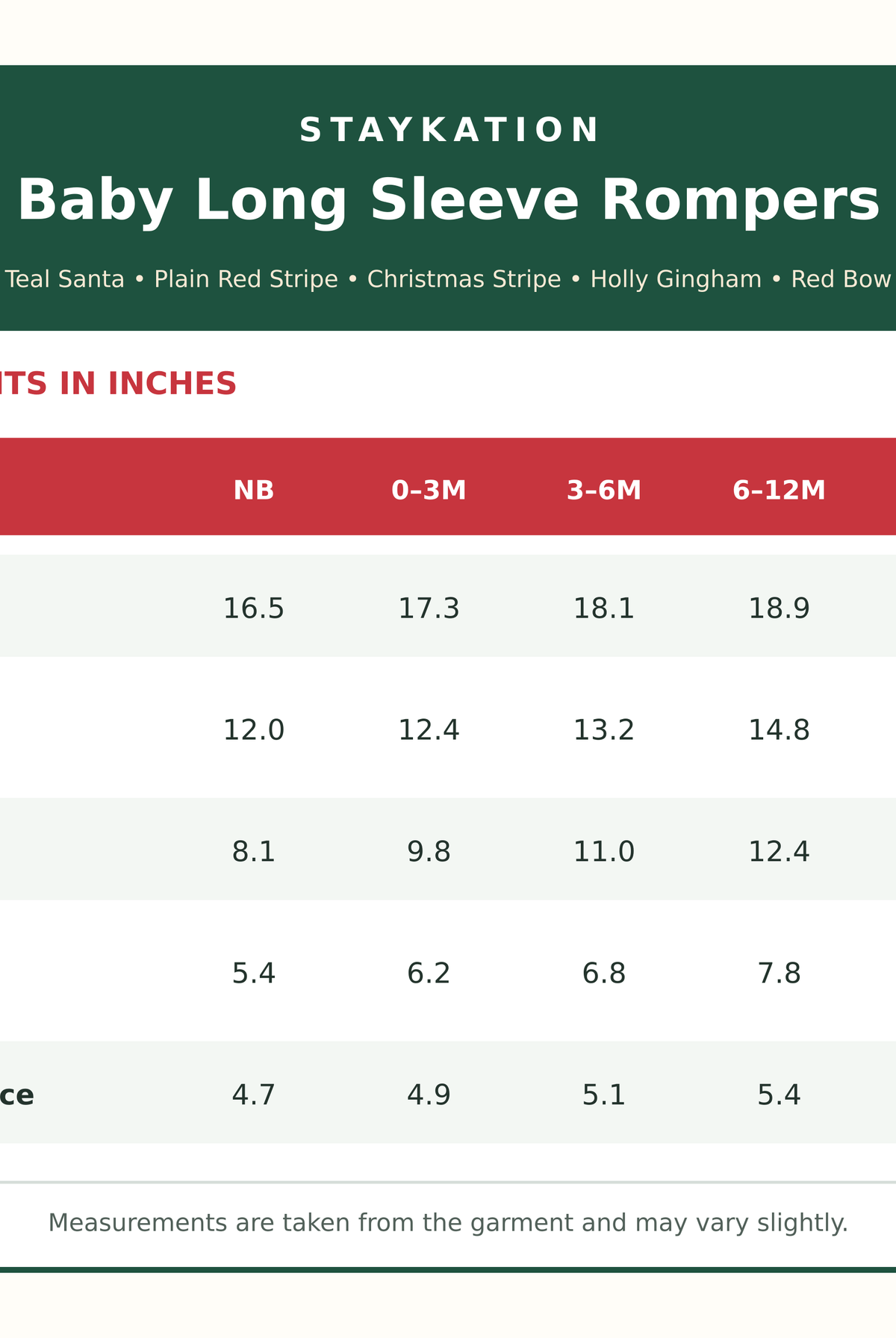 baby size chart reference for zipper pjs