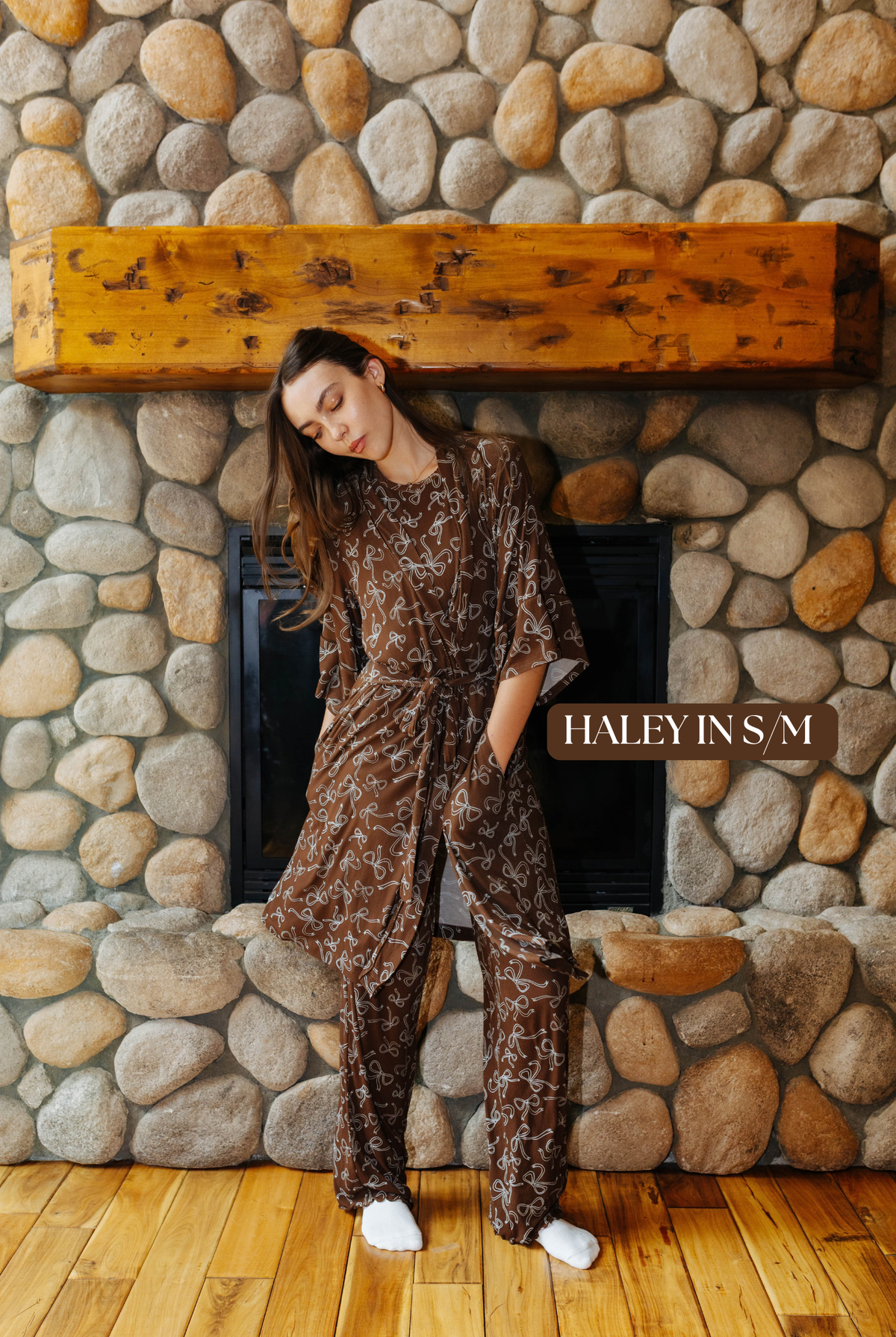 Sizing photo: Haley in S/M wearing the brown bow print robe over matching pajamas.