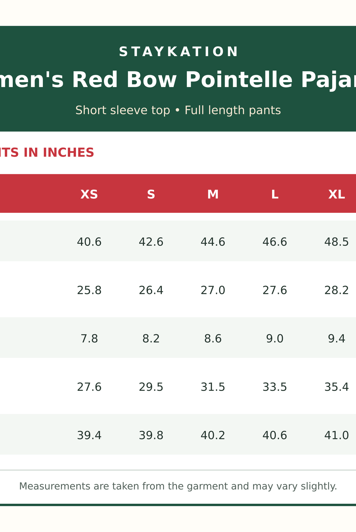 women's pointelle pajamas size chart for short sleeve and pants
