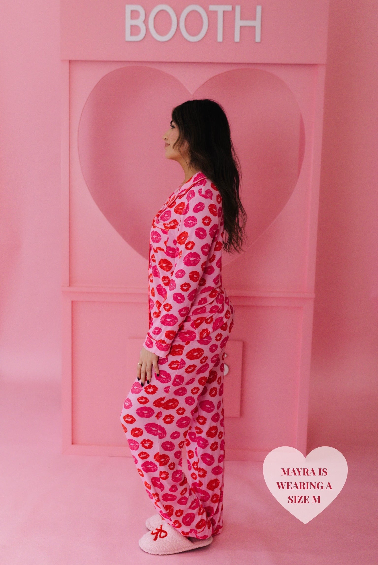 Mayra turned to the side showing the side profile of the pjs