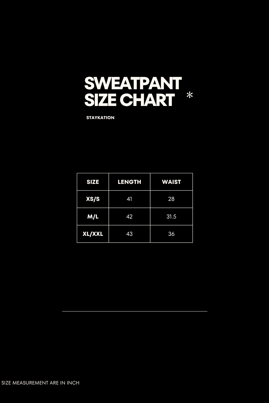A black sweatpant size chart graphic with white text reading 'SWEATPANT SIZE CHART' and a small table showing size, length, and waist measurements in inches.