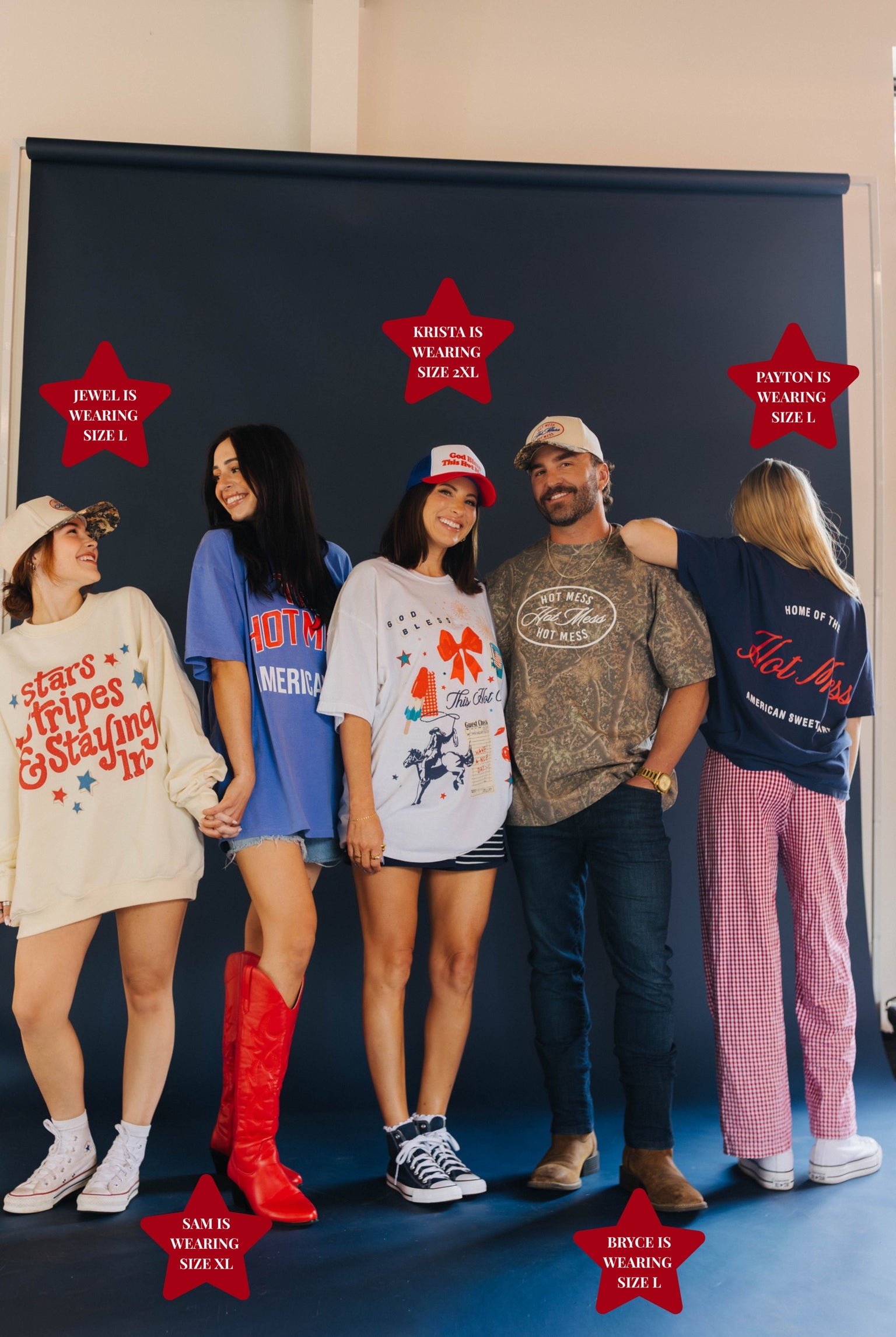 Group of people wearing the Hot Mess merch