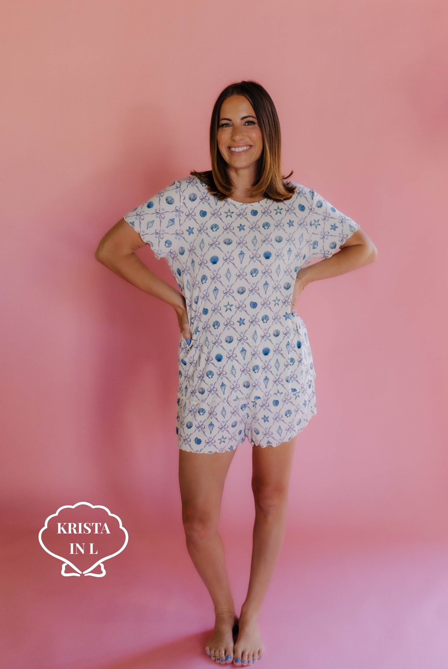 Woman wearing a shell pj set in size L
