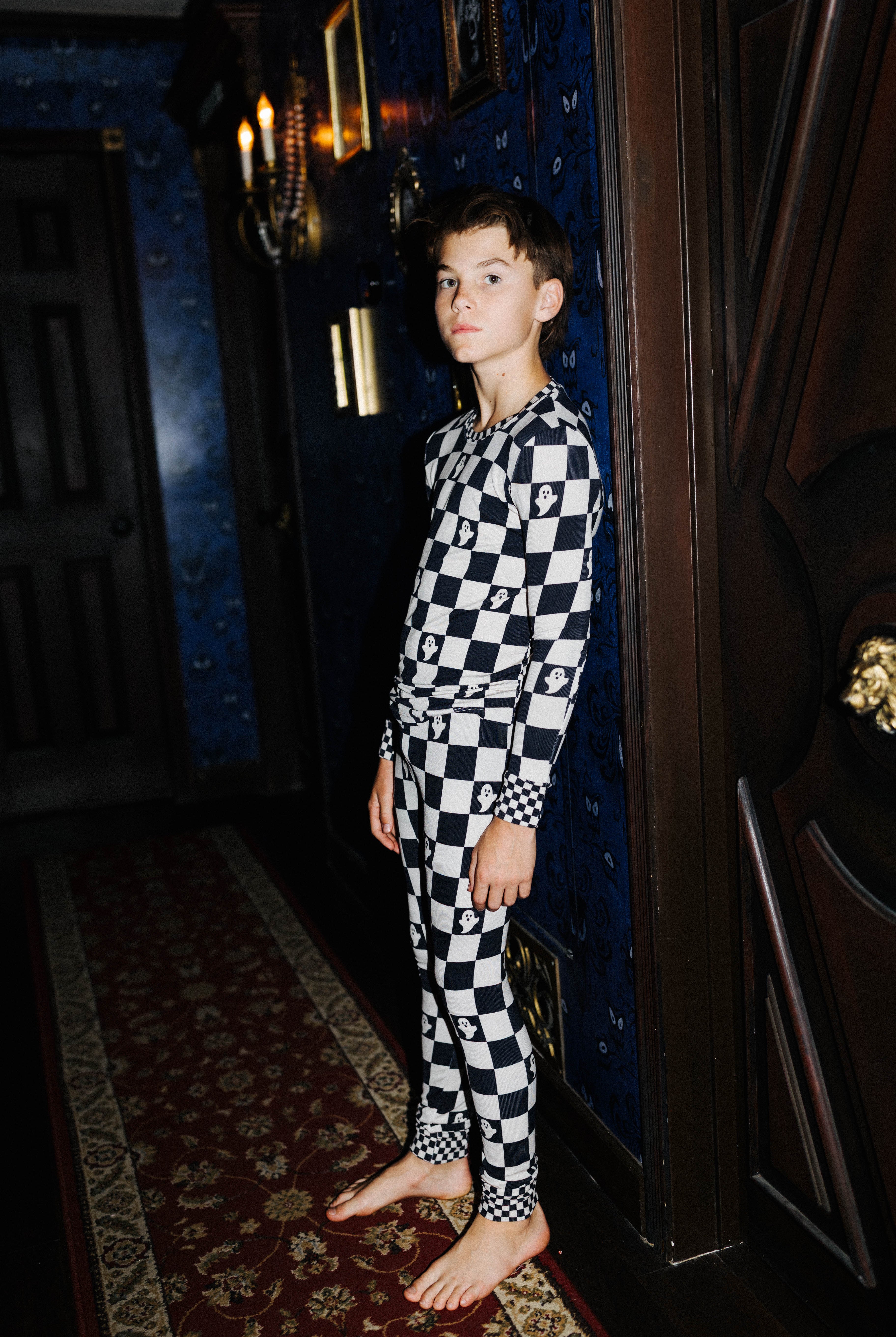 Kids Ghost Check Ribbed Pajama Set shown in a full length lifestyle view