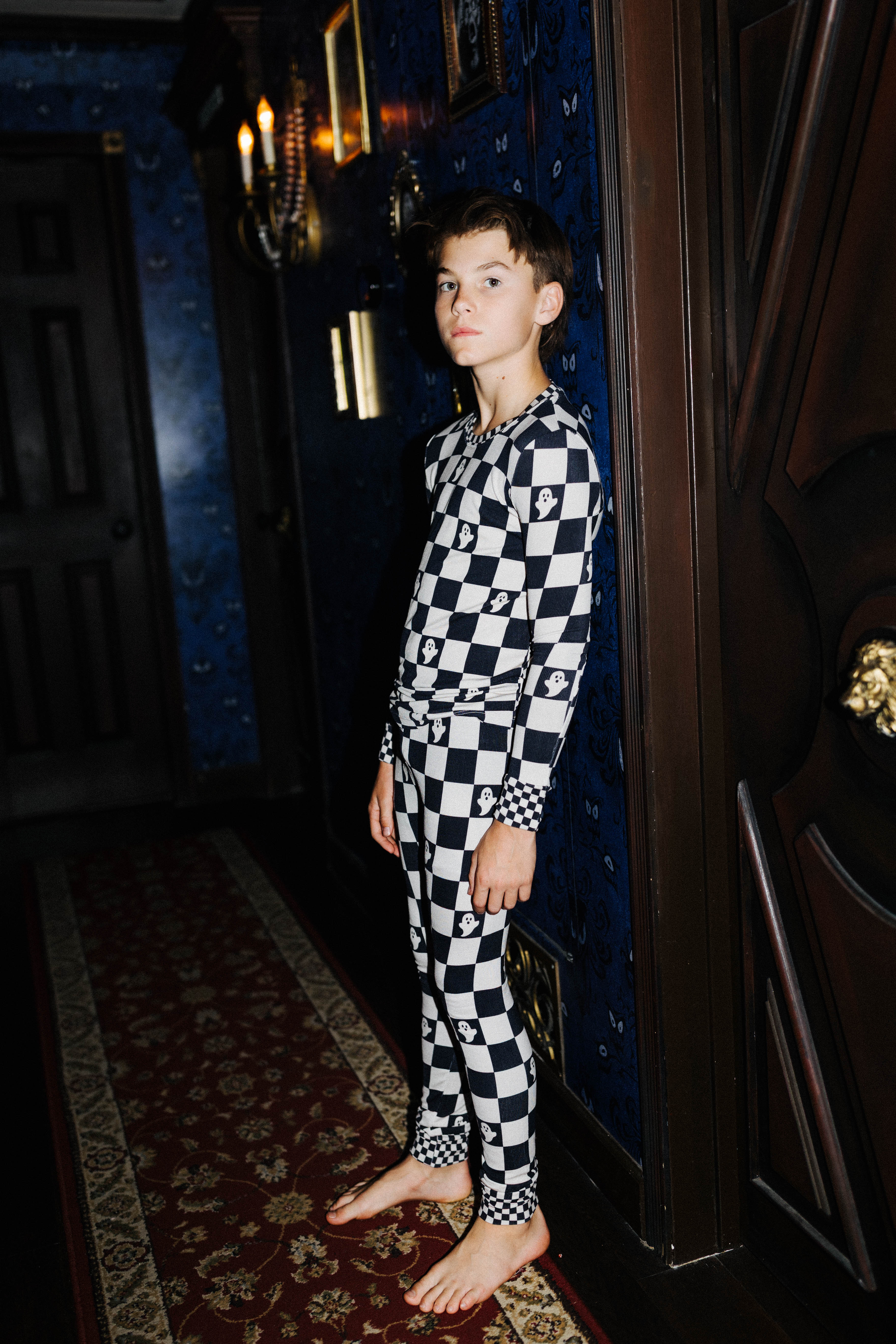 Kids Ghost Check Ribbed Pajama Set shown in a full length lifestyle view