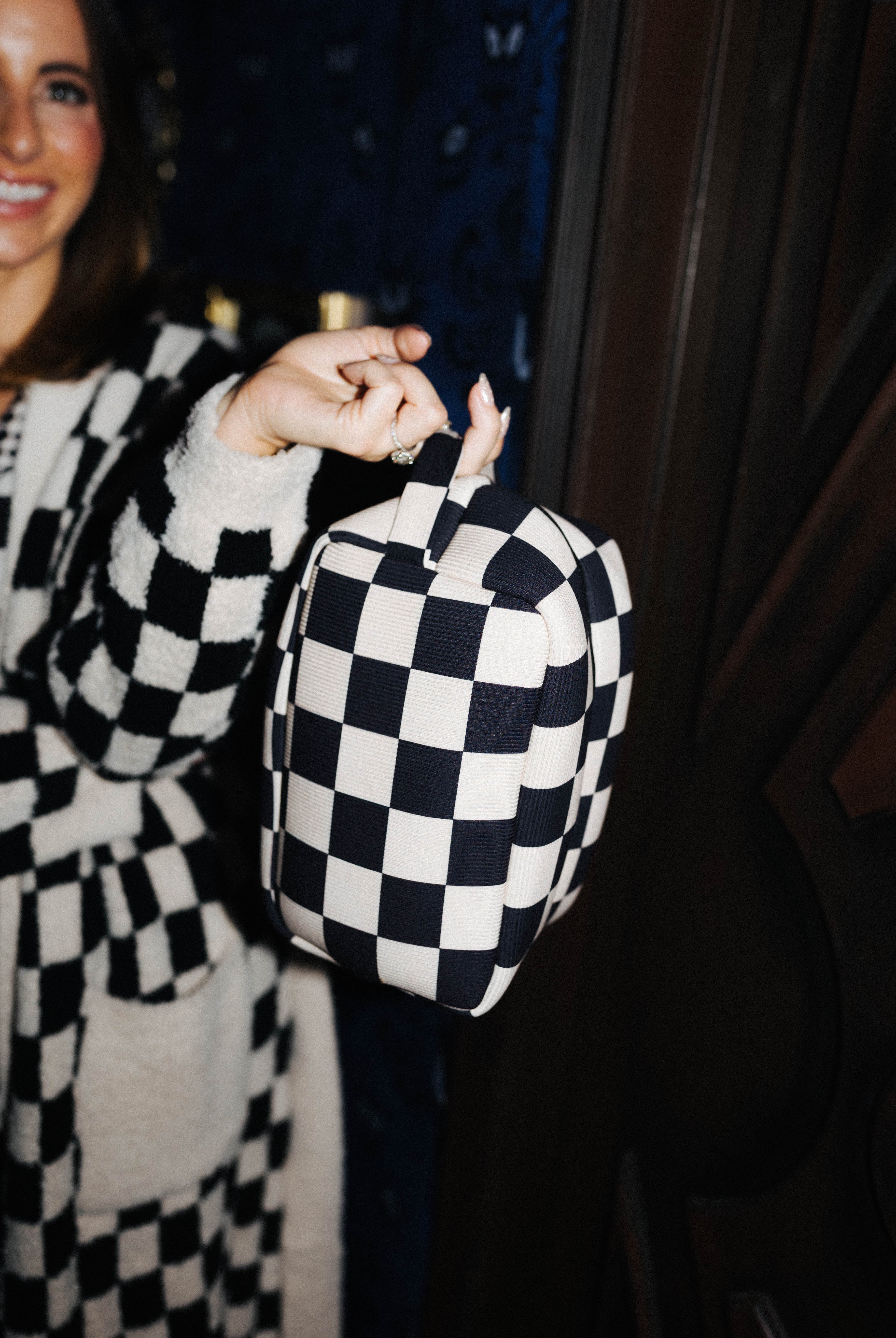 Sand & Black Check Cosmetic Bag shown in a closer detail view