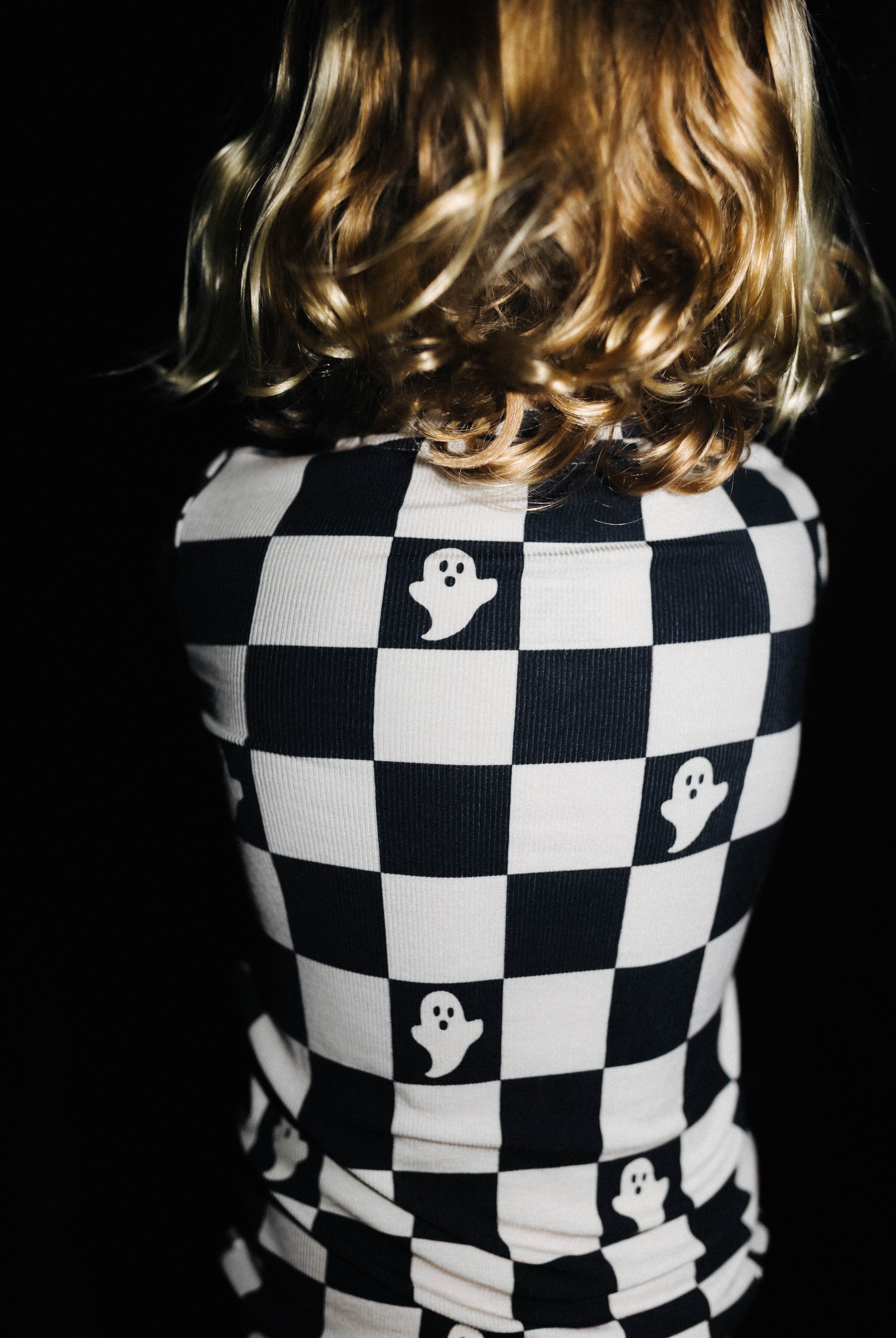 Kids Ghost Check Ribbed Pajama Set shown in a closer detail view