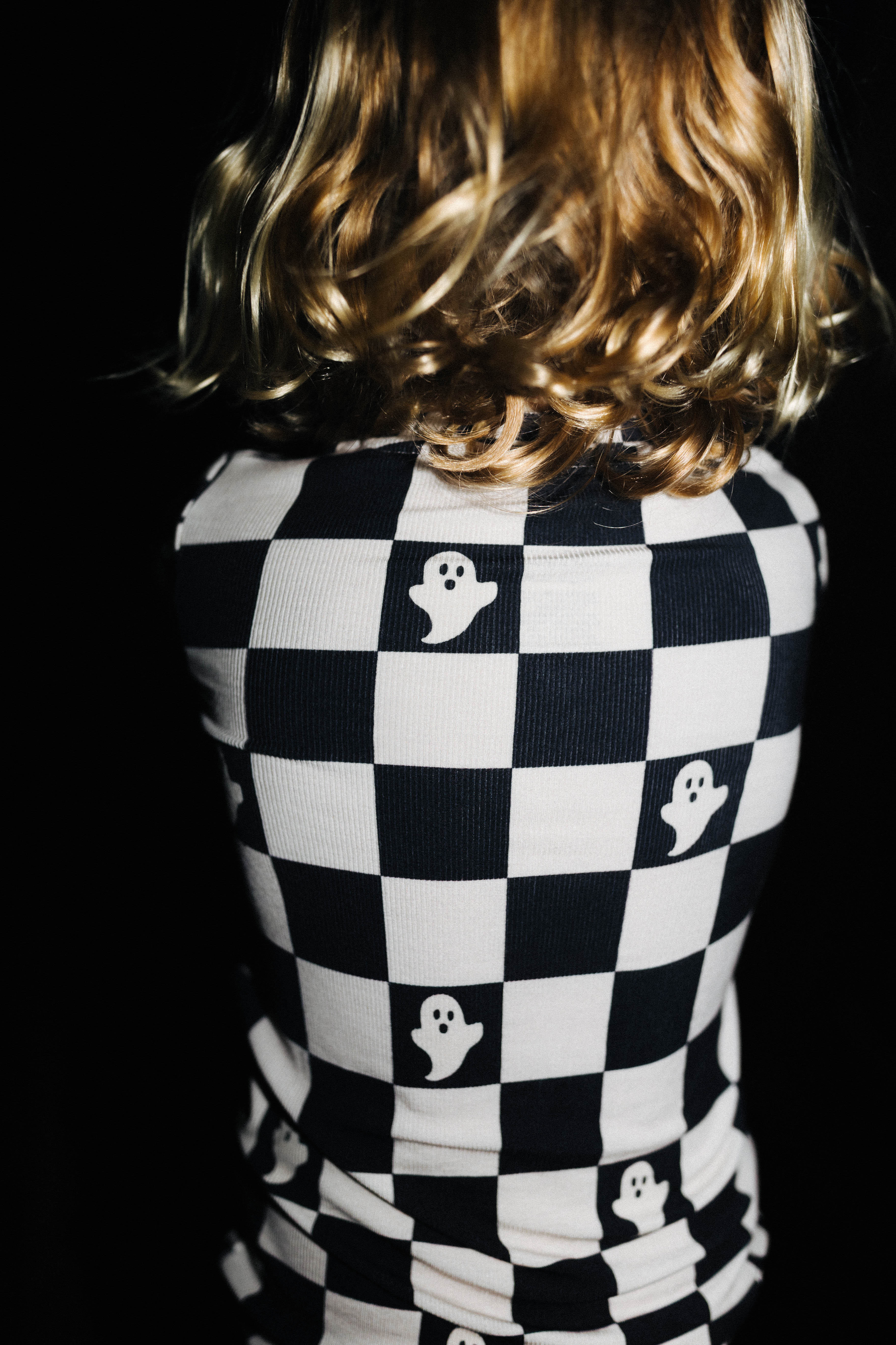 Kids Ghost Check Ribbed Pajama Set shown in a closer detail view