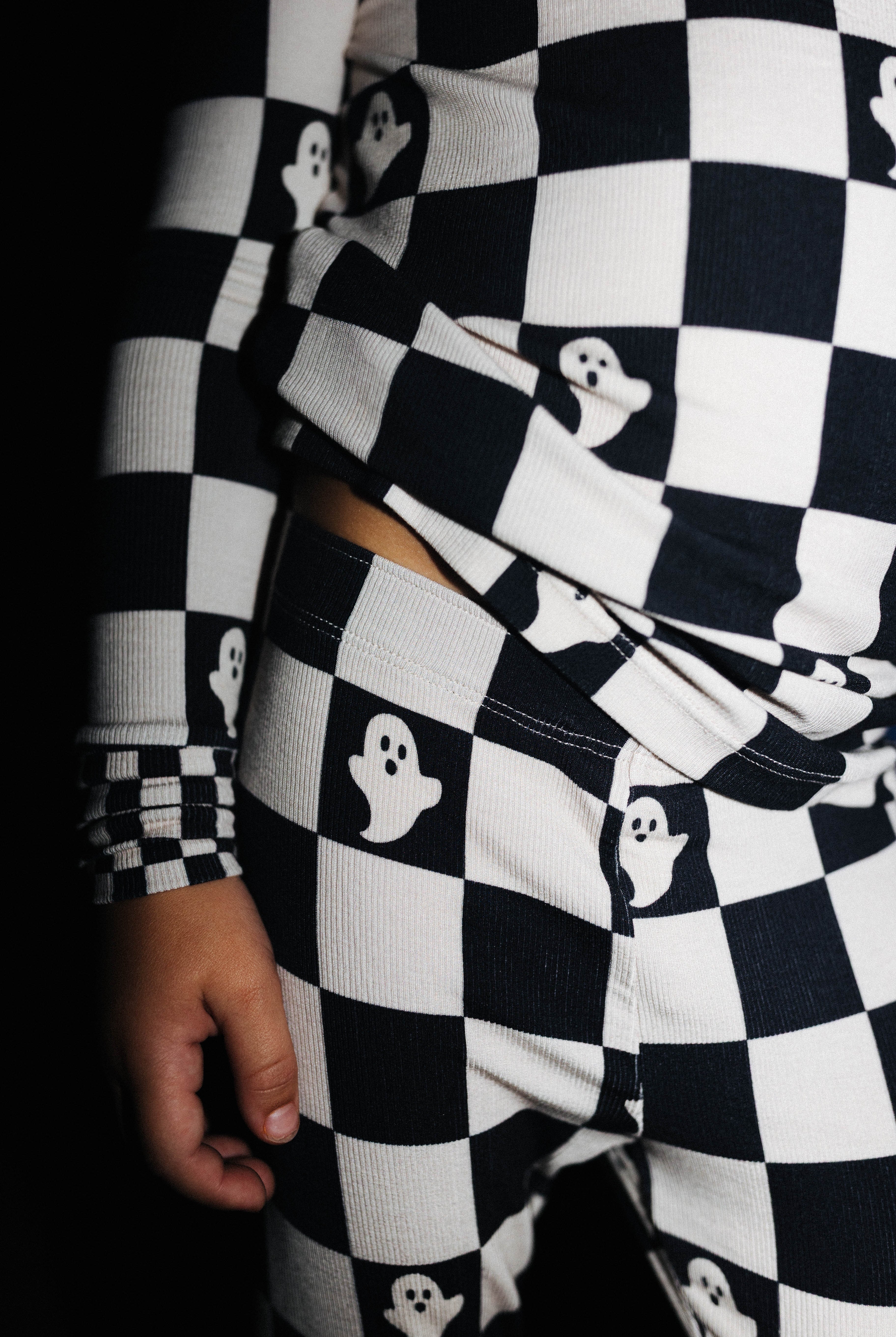 Close view of the ghost print on kids Ghost Check pajamas