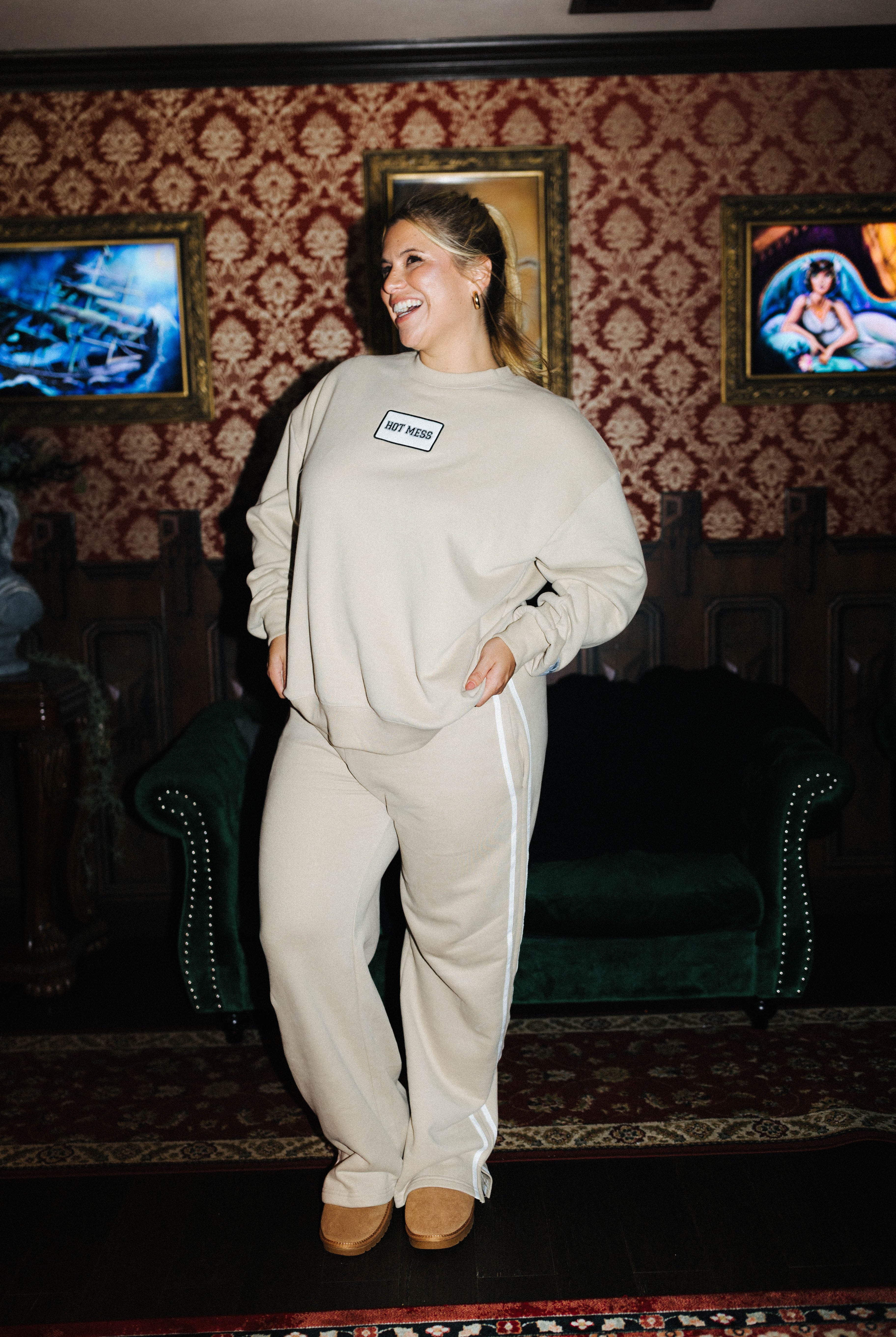 Tan Hot Mess sweatshirt shown on another model