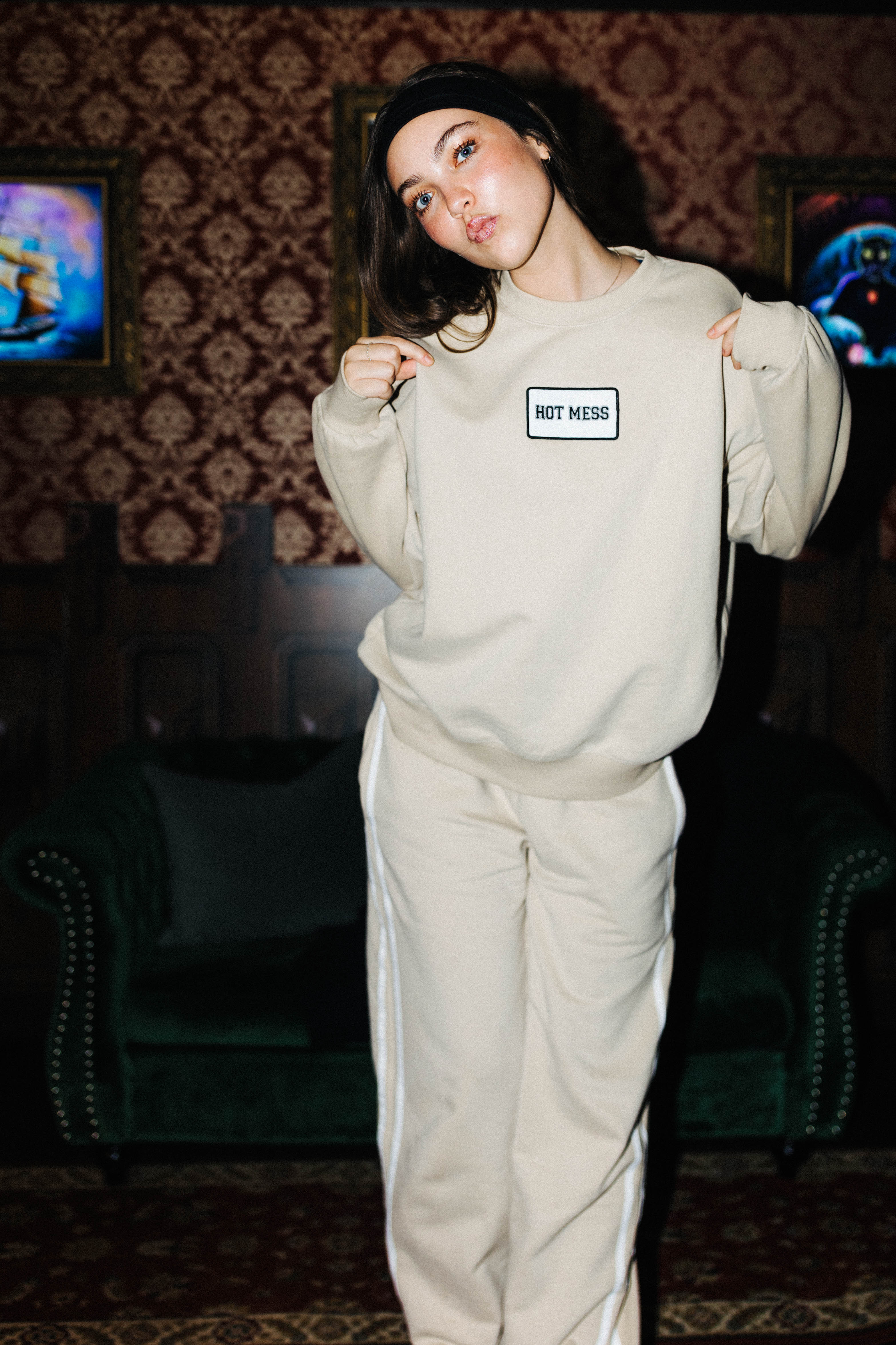 Tan 100% Cotton Hot Mess Patch Sweatshirt shown from an alternate angle
