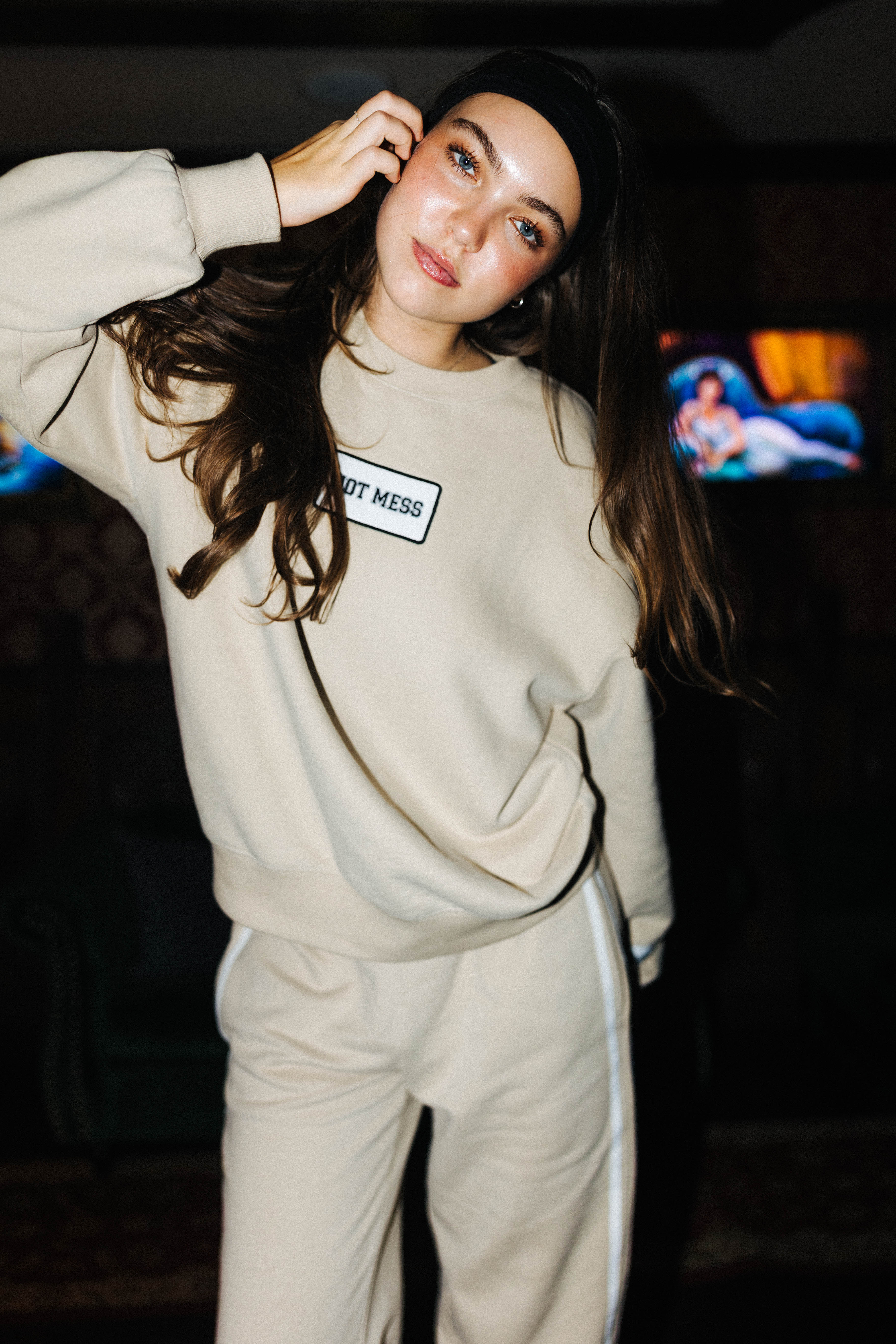 Tan 100% Cotton Hot Mess Patch Sweatshirt shown in a closer detail view