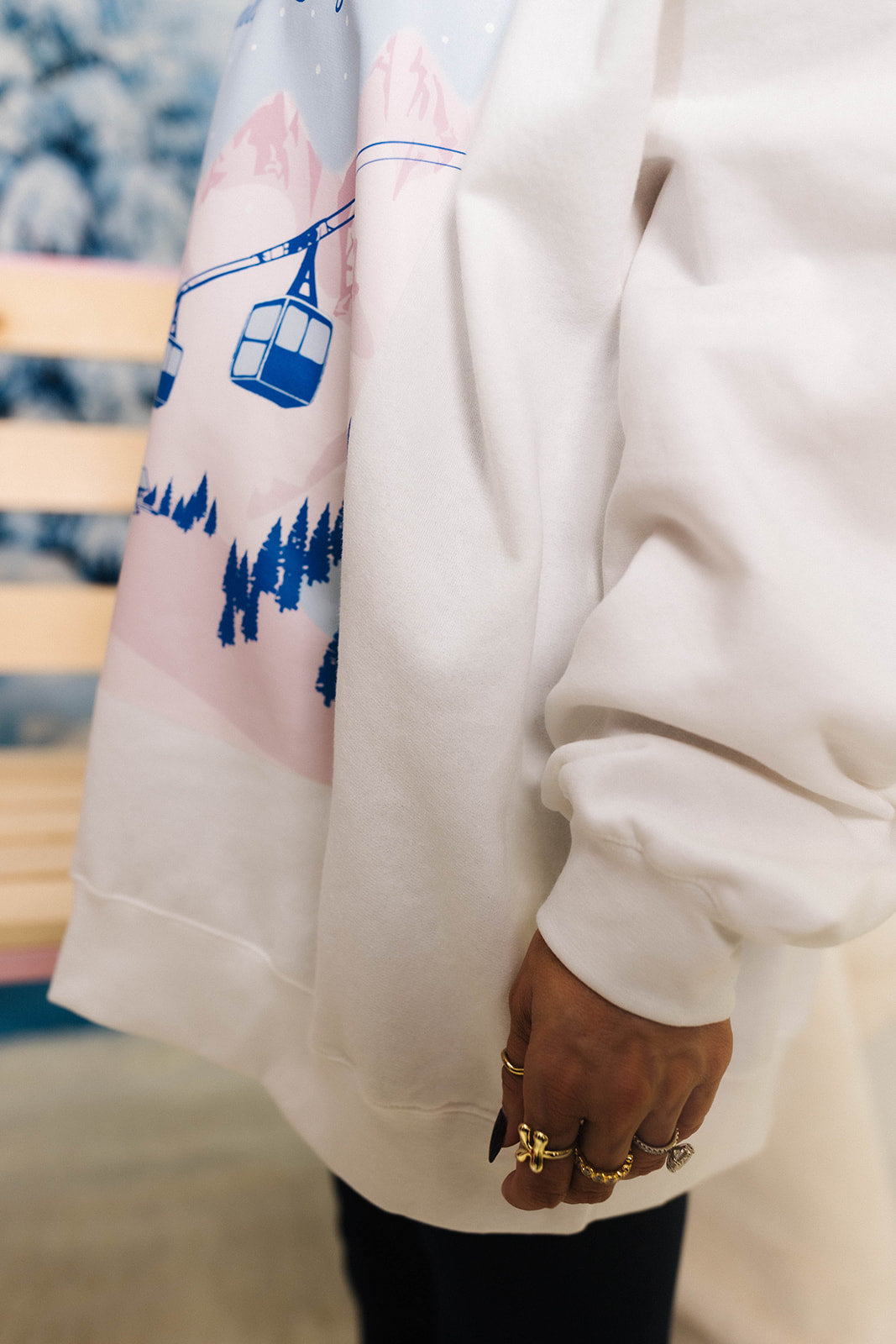 side and sleeve of the ski graphic sweatshirt