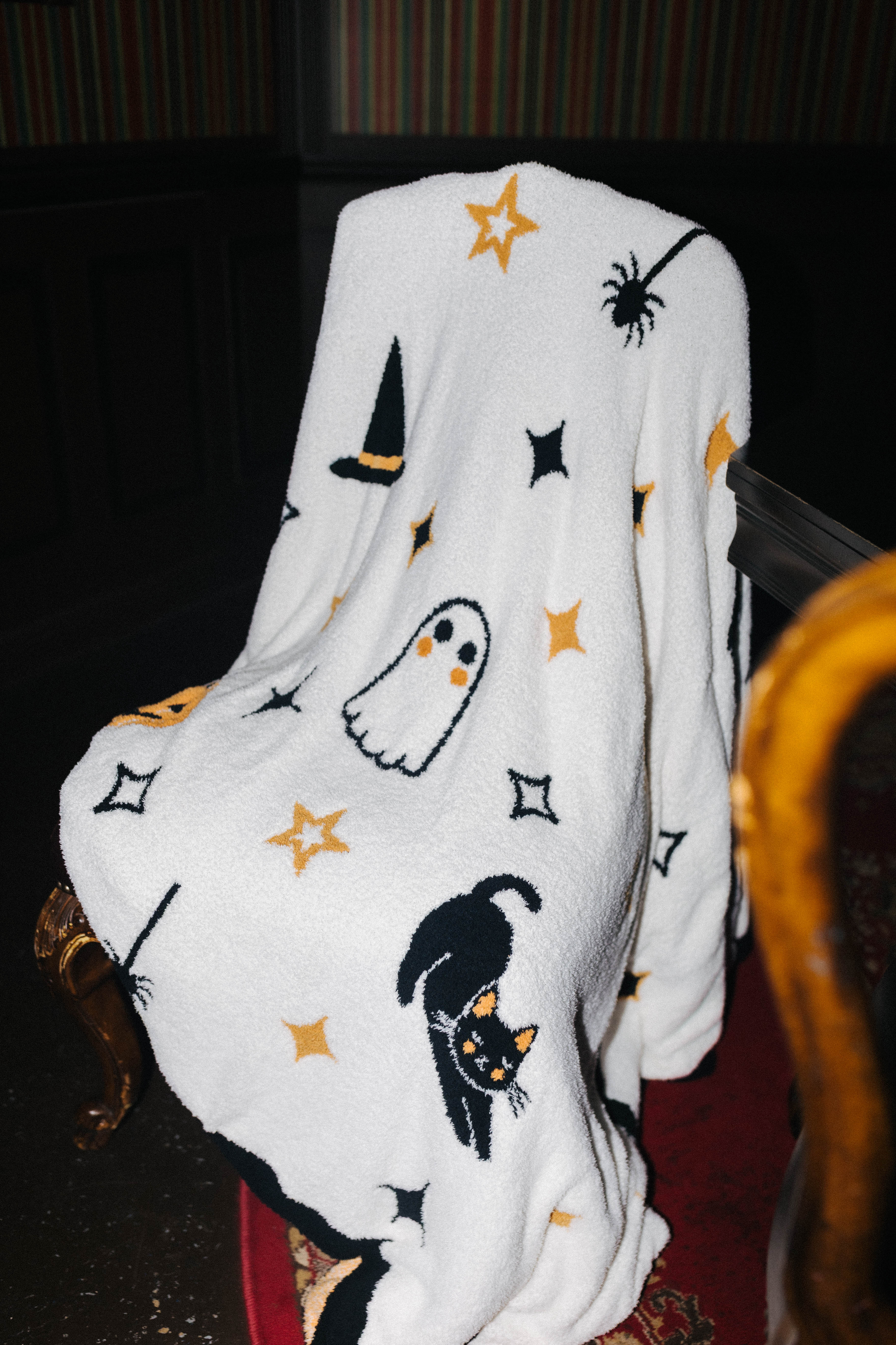 Halloween Icon Print blanket draped over a chair