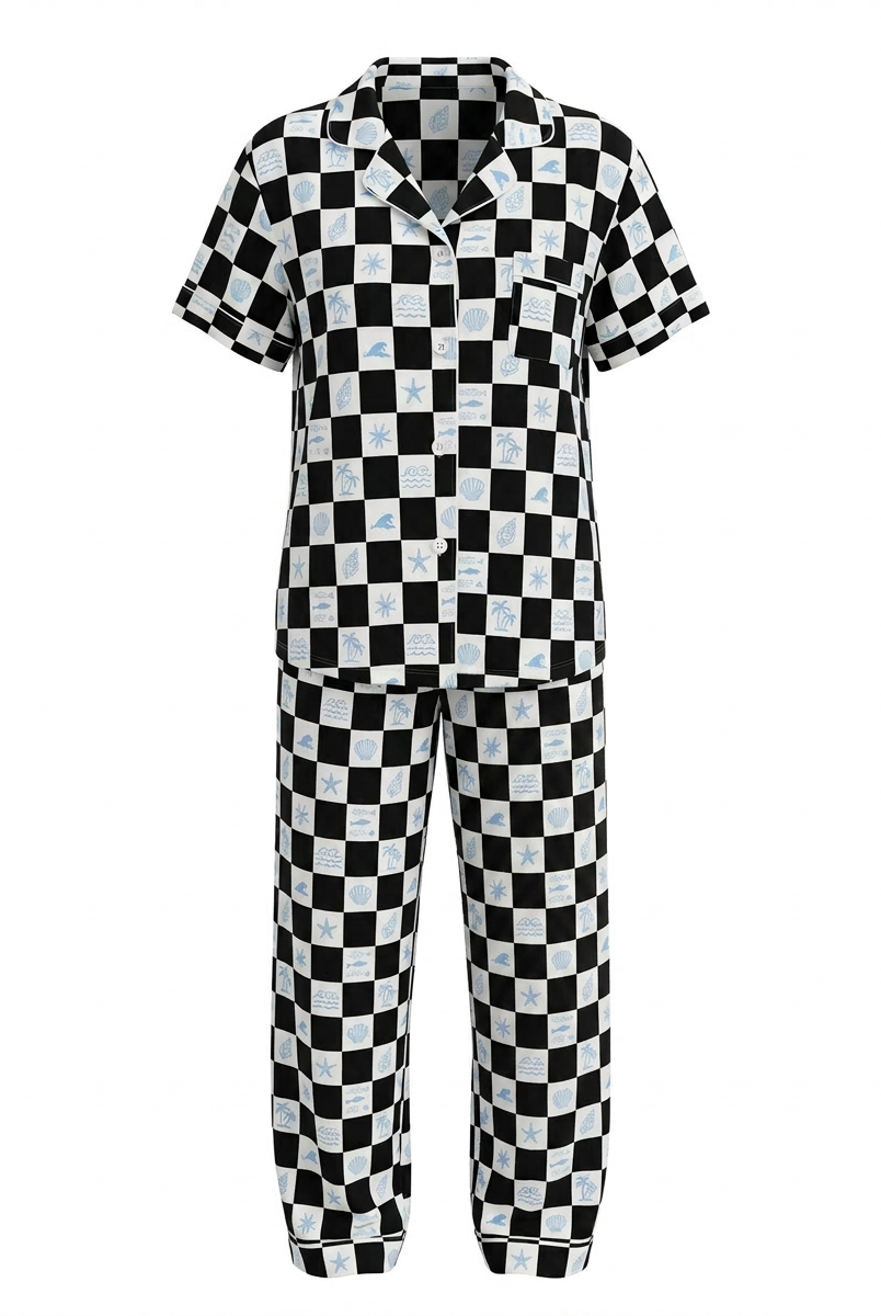 Black and white checkered shirt and pants set on a white background