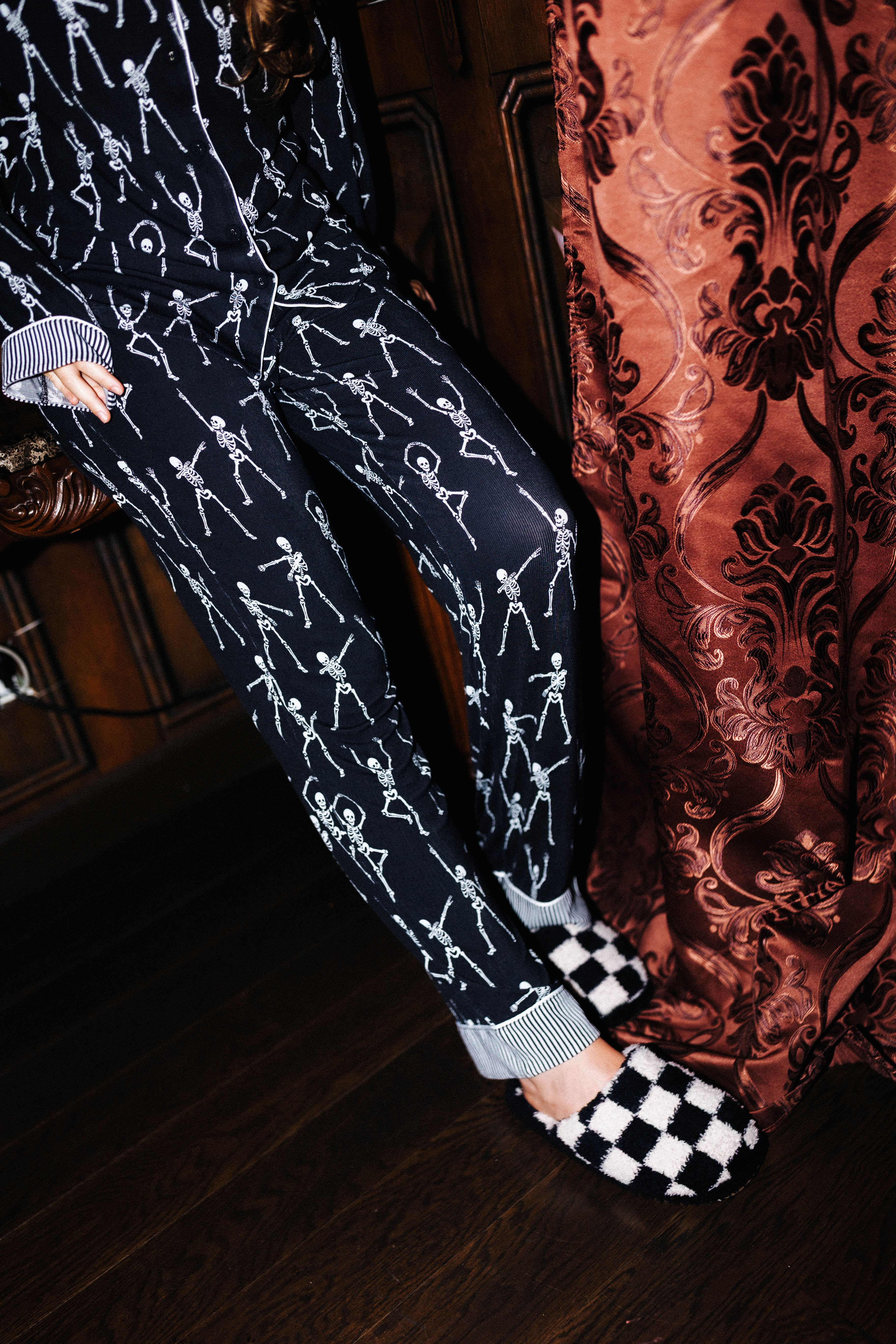 Adult Skelly Ribbed Pajama Set (Pockets) shown in a closer detail view