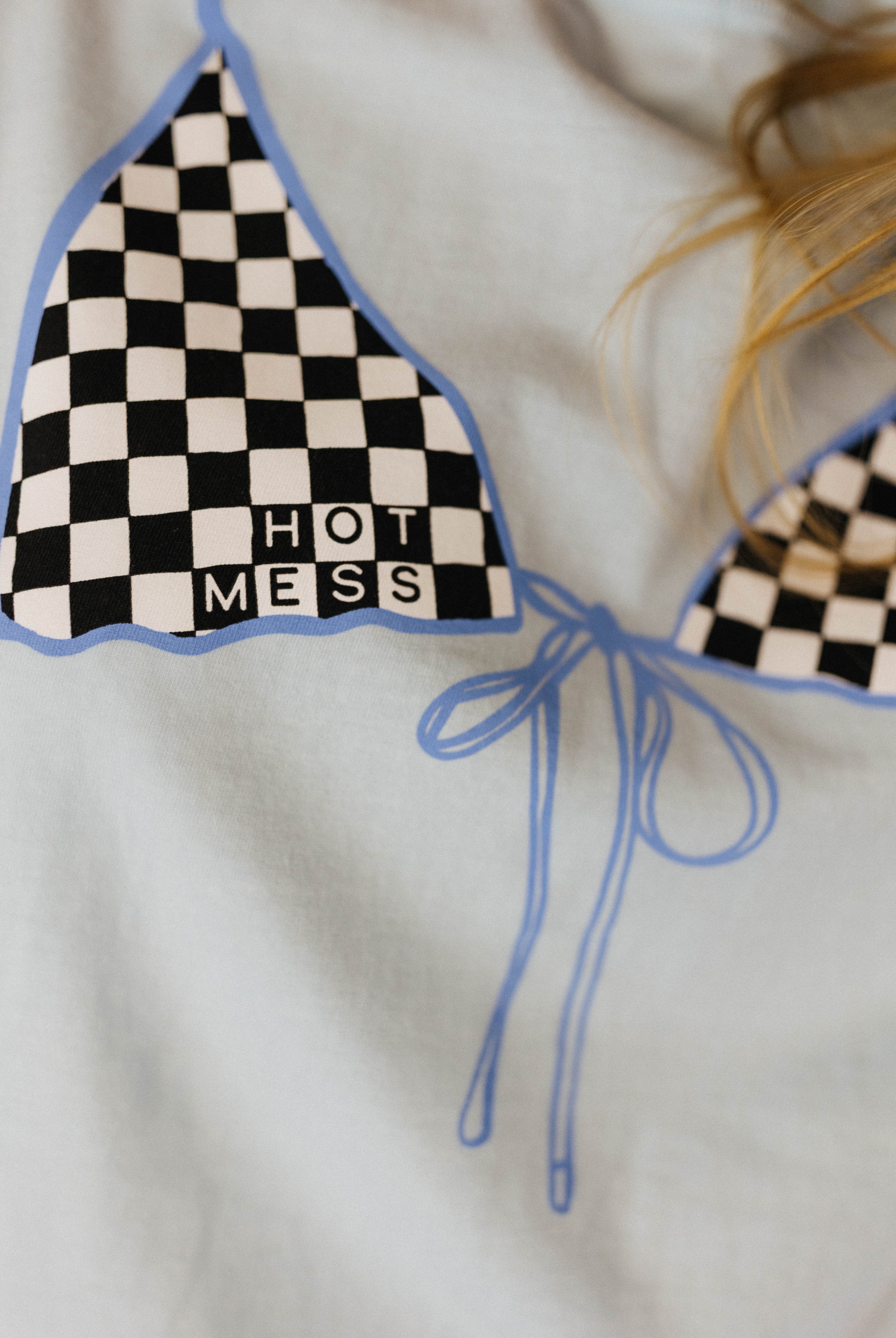 Checkered bikini top with 'HOT MESS' text on a white background