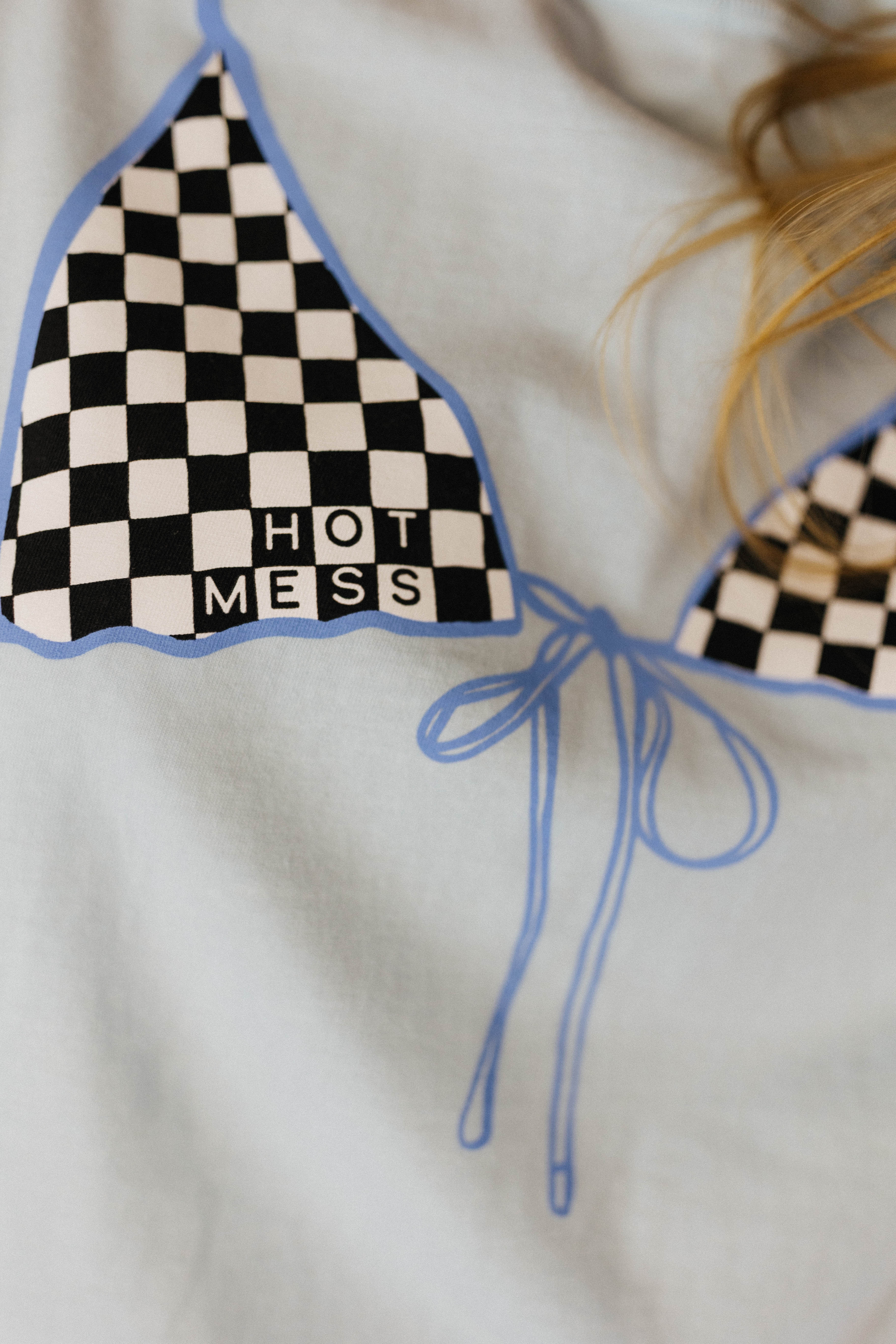Checkered bikini top with 'HOT MESS' text on a white background